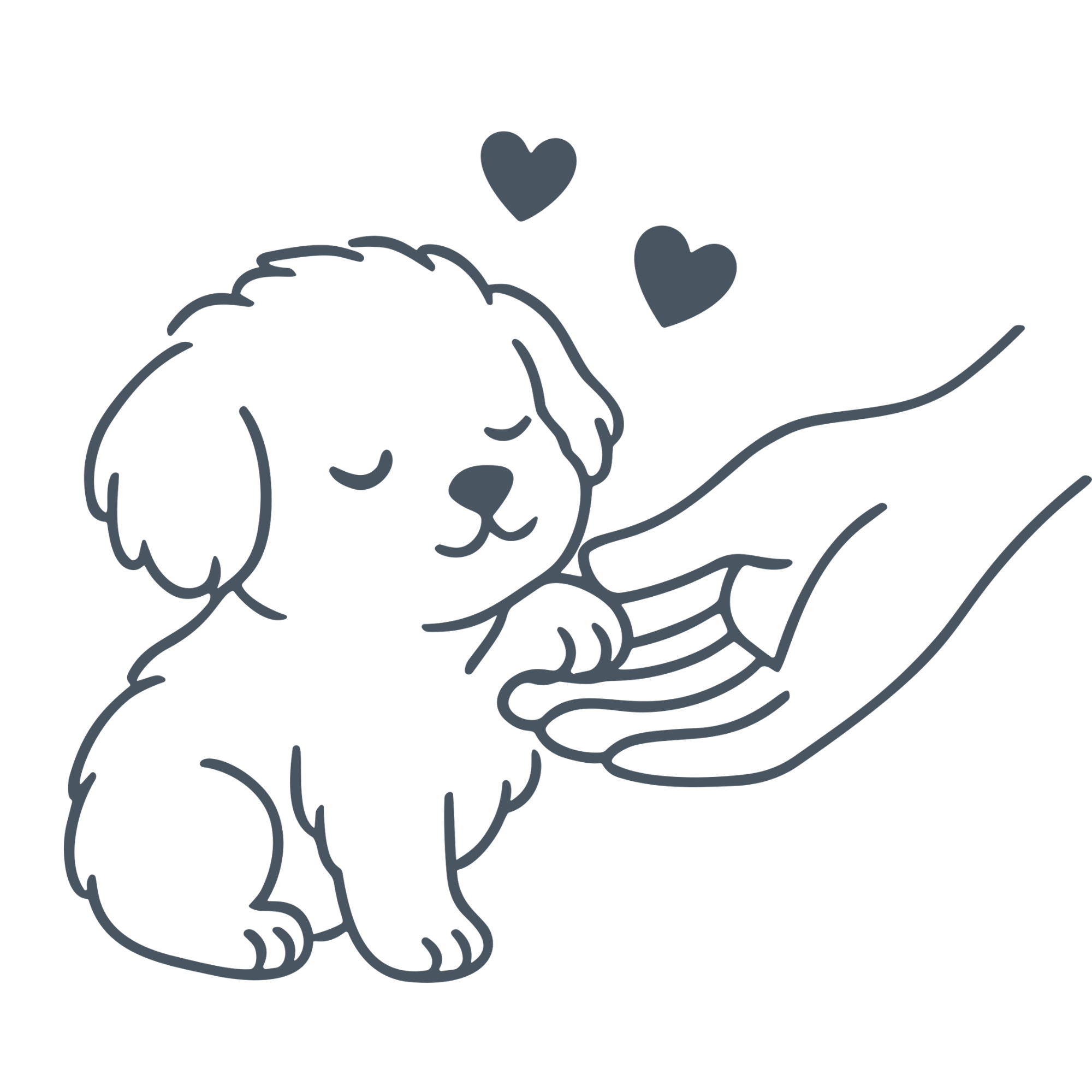 Line drawing of a cute puppy with closed eyes, gently touching a person's hand with two hearts floating above.