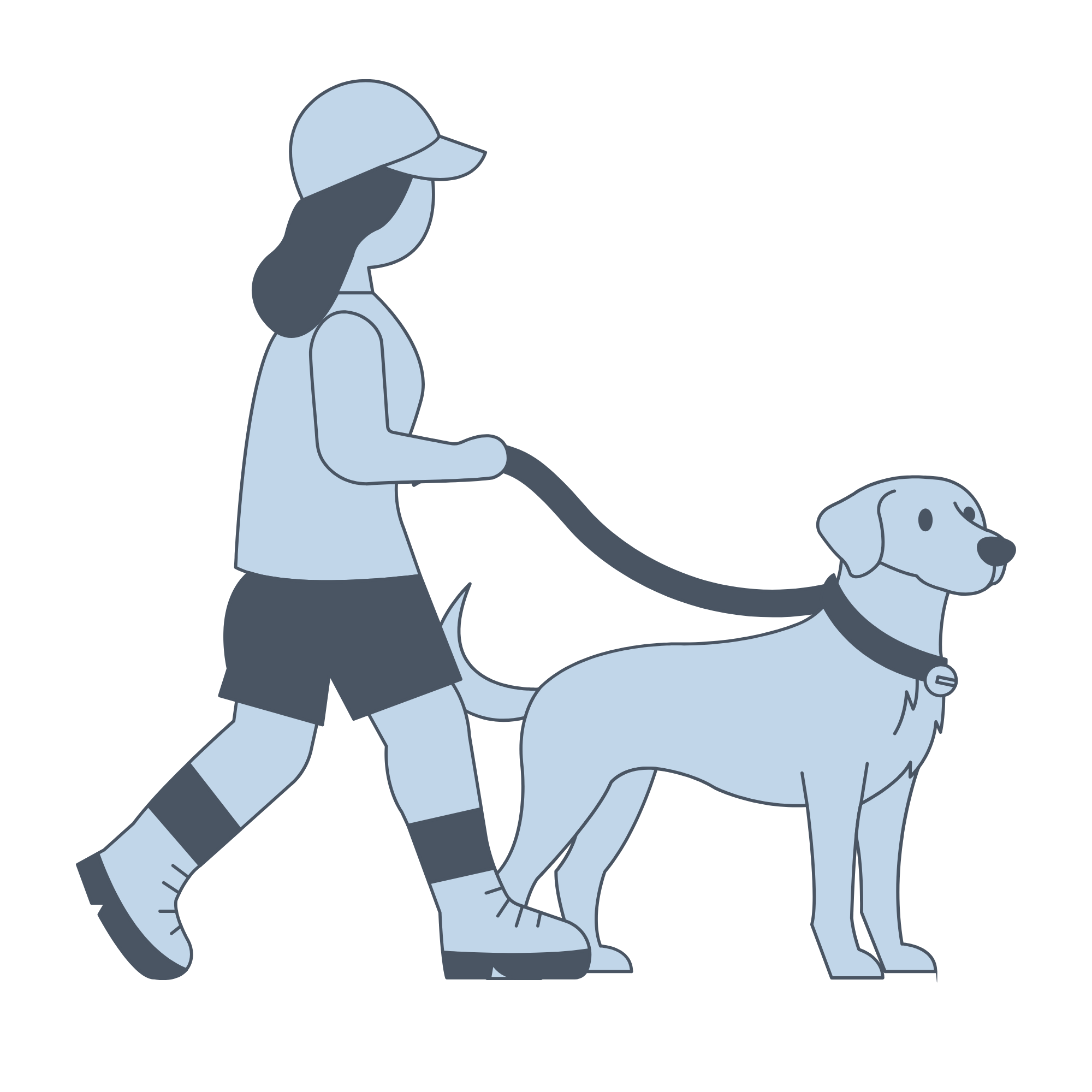 A person walking a dog outdoors, both depicted in shades of blue and gray, with the person wearing a cap, shorts, and boots.