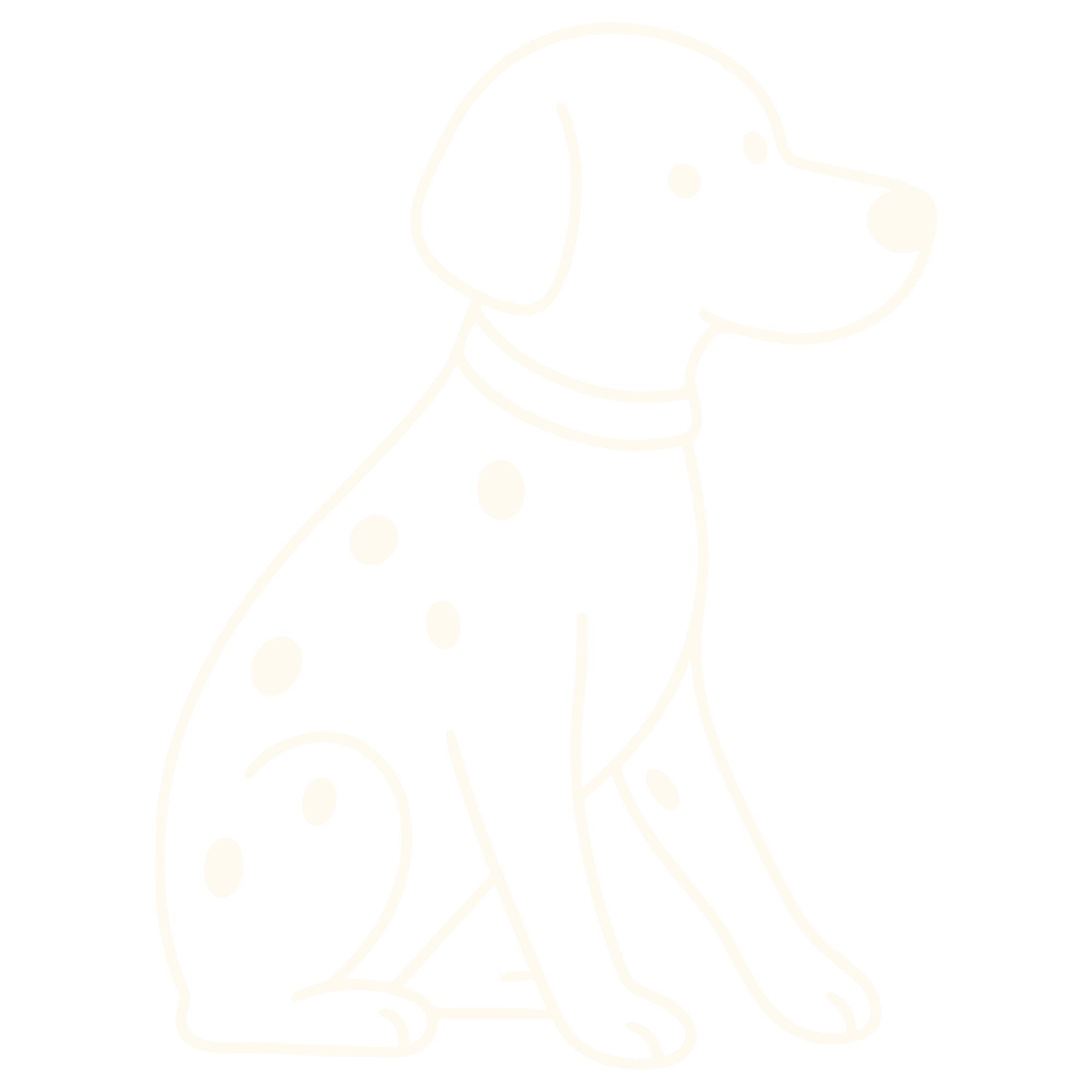 Line drawing of a sitting dog with a collar, spotted coat, facing to the right, on a black background.