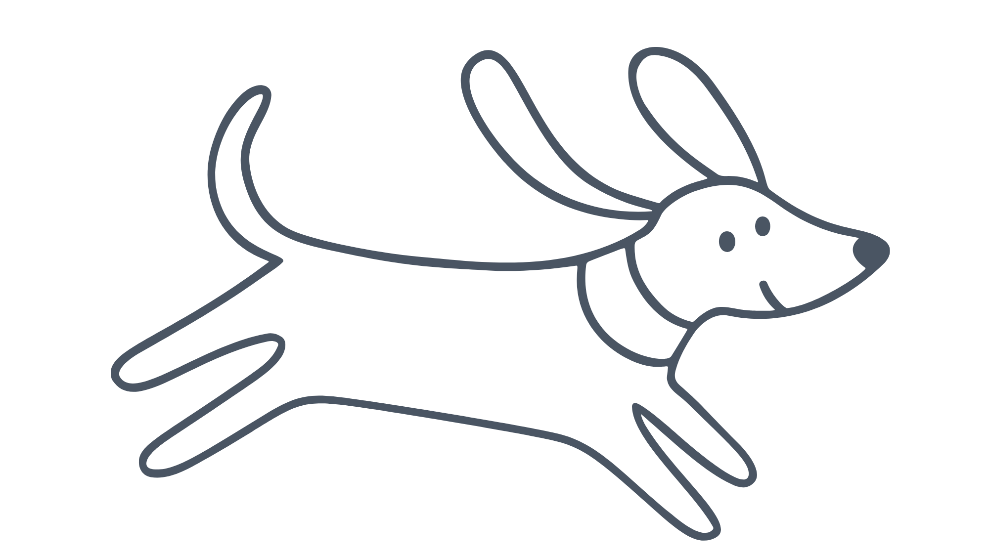 Line drawing of a dog with wings, smiling, wearing a collar, swimming.
