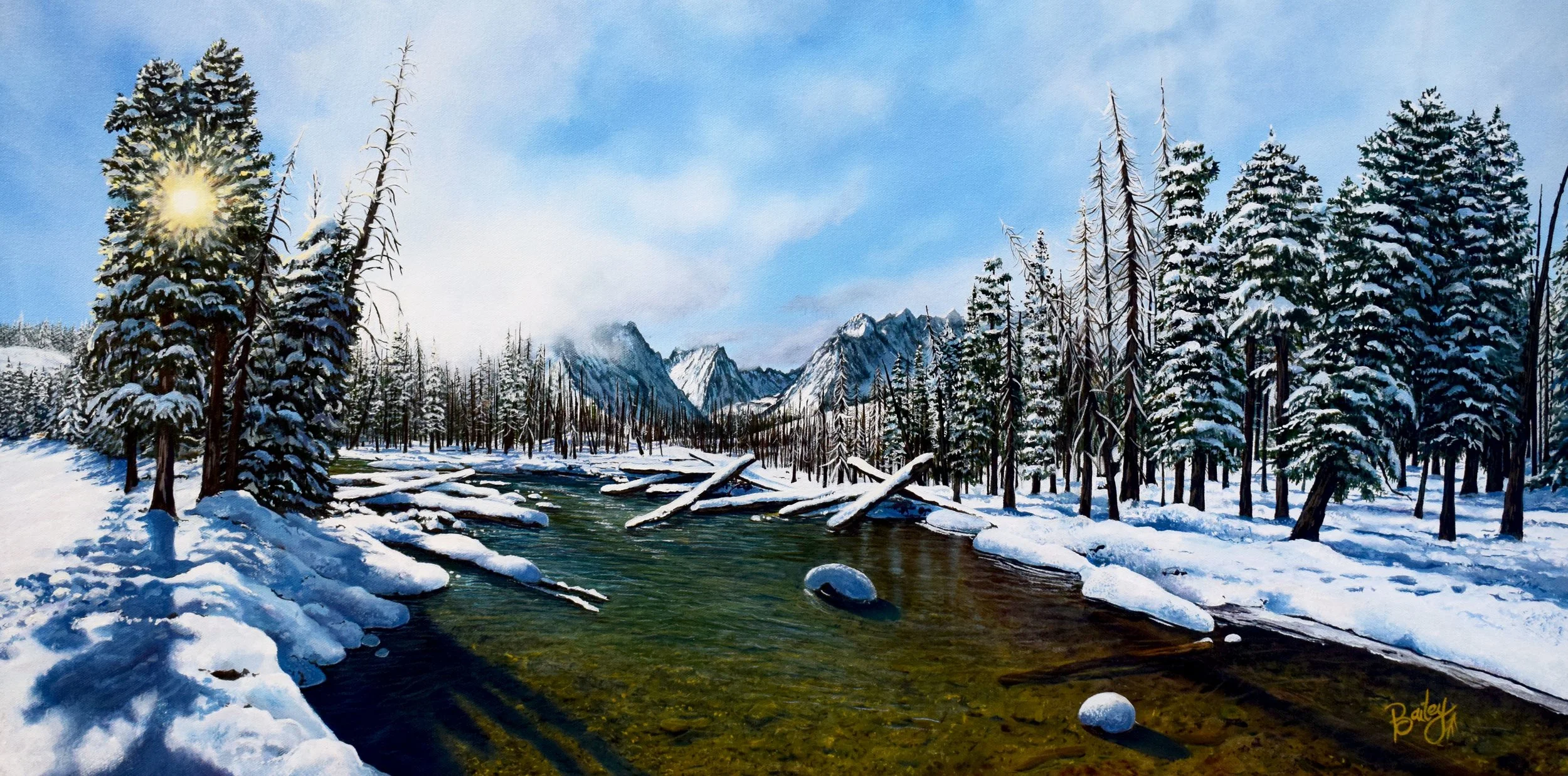 Gateway to the Sawthooths - 44.166205˚ N, 114.901089˚ W - Redfish Lake Creek, ID - 18"x36" Oil on Canvas - AVAILABLE