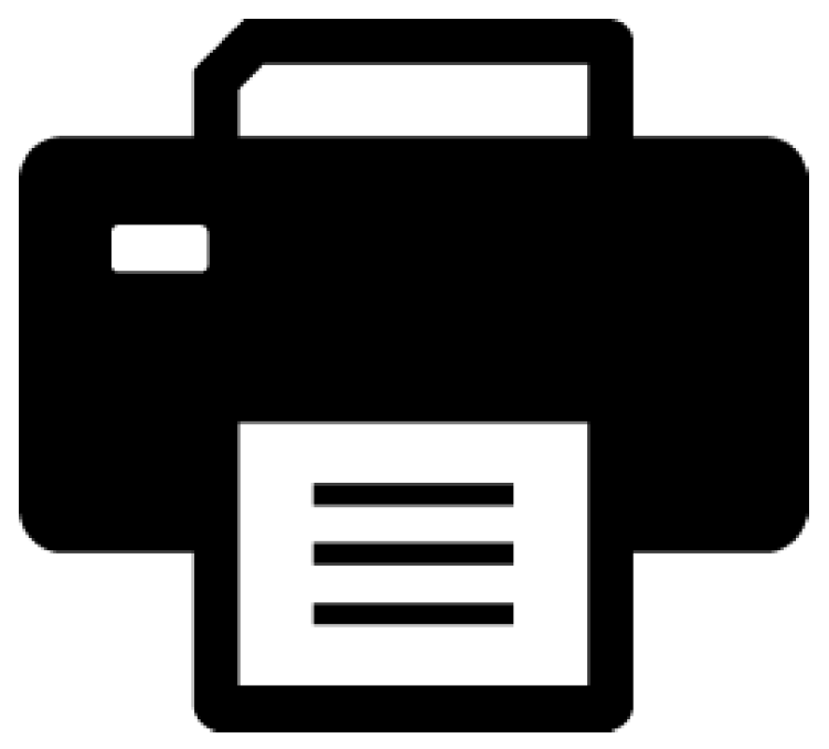 Black and white icon of a printer with a sheet of paper coming out.