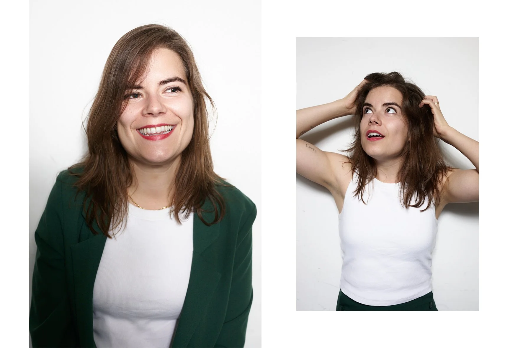 Side-by-side portraits of two women with similar features and hairstyles. The woman on the left is smiling, wearing a green blazer over a white top, and has light brown hair. The woman on the right is looking up and to the side, with messy brown hair