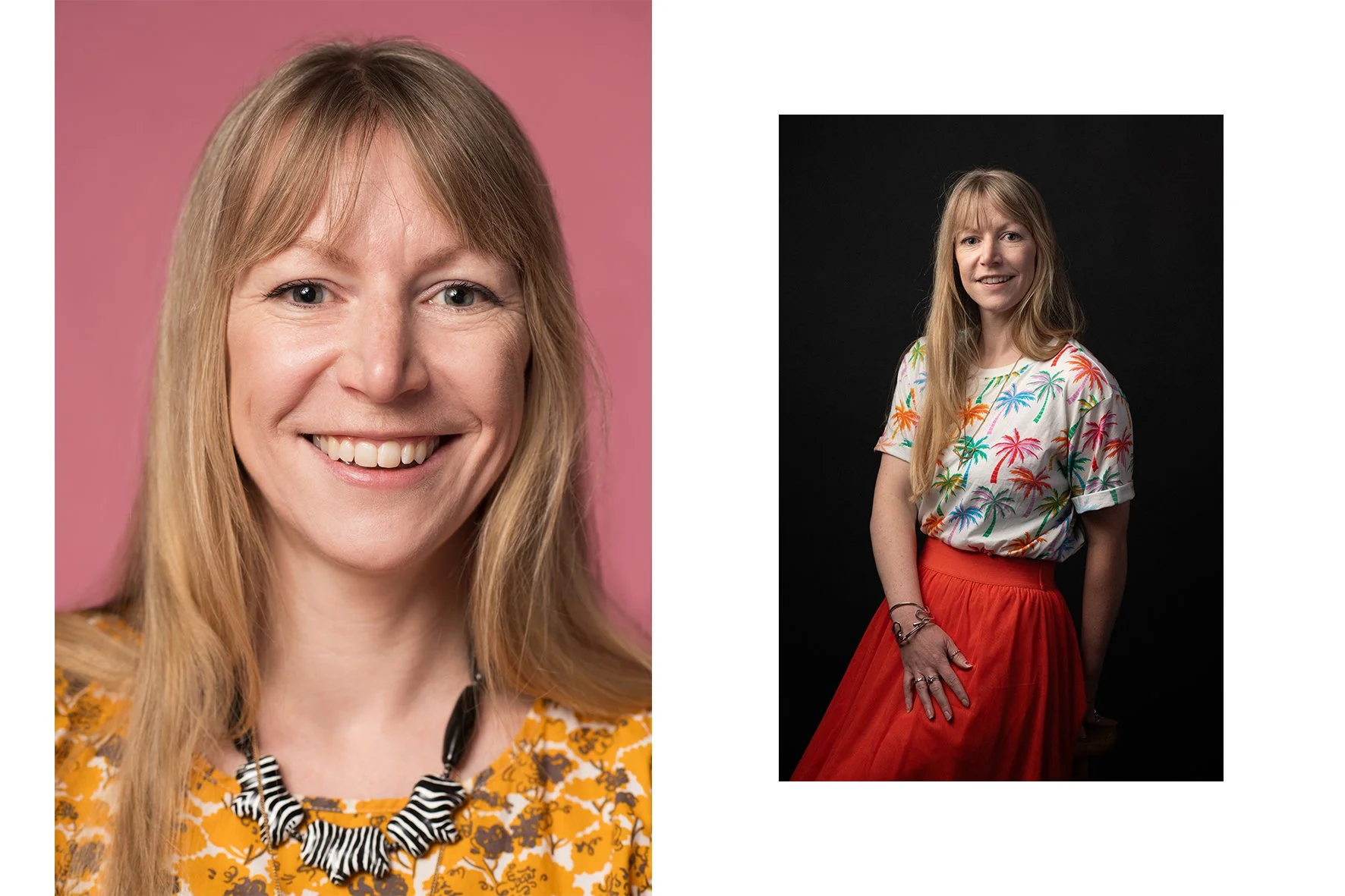 Side-by-side portraits of a woman; one against a pink background, smiling with long blonde hair, wearing a patterned yellow top and a zebra-print necklace. The other against a black background, wearing a colorful palm tree patterned shirt and red ski