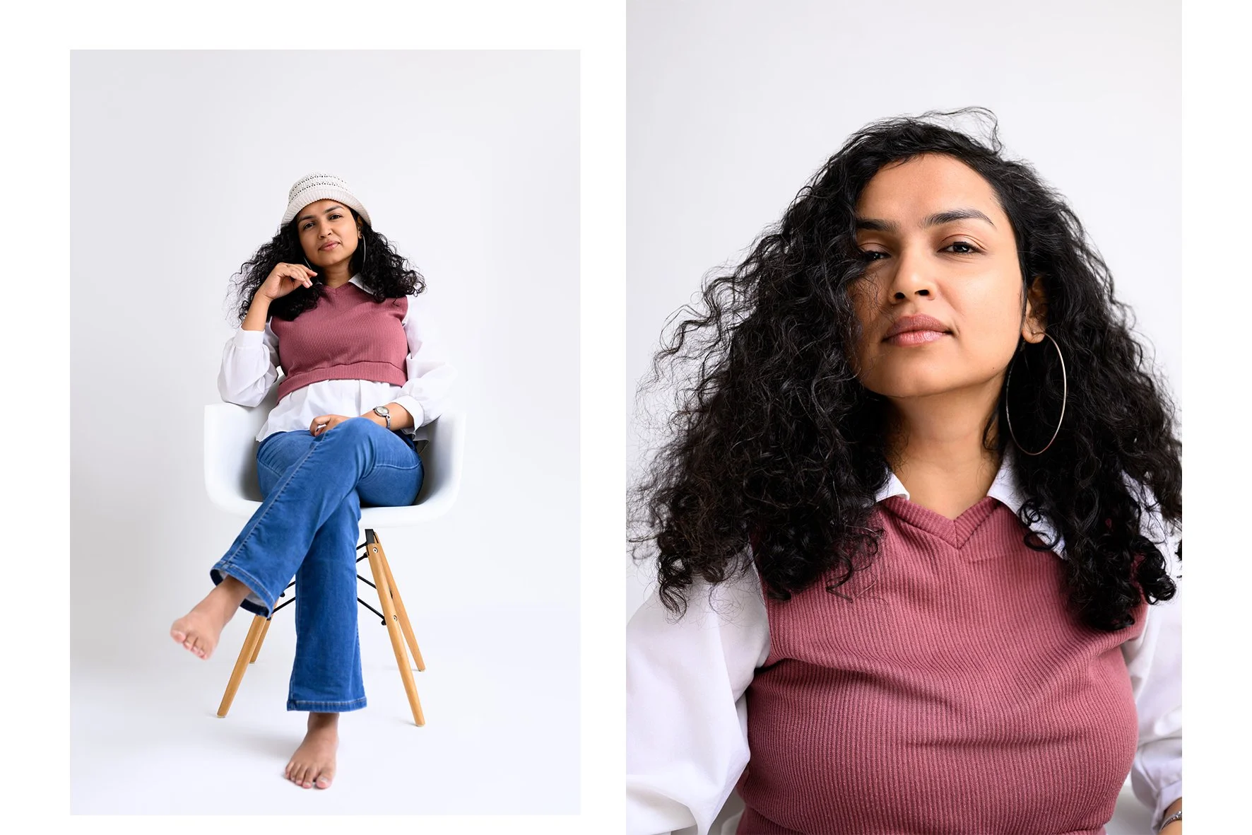 Side-by-side portrait photos of a woman with long, curly black hair. The left image shows her sitting barefoot on a white chair, wearing a white shirt with a pink vest, blue jeans, and a knit hat, with a neutral expression. The right image is a close