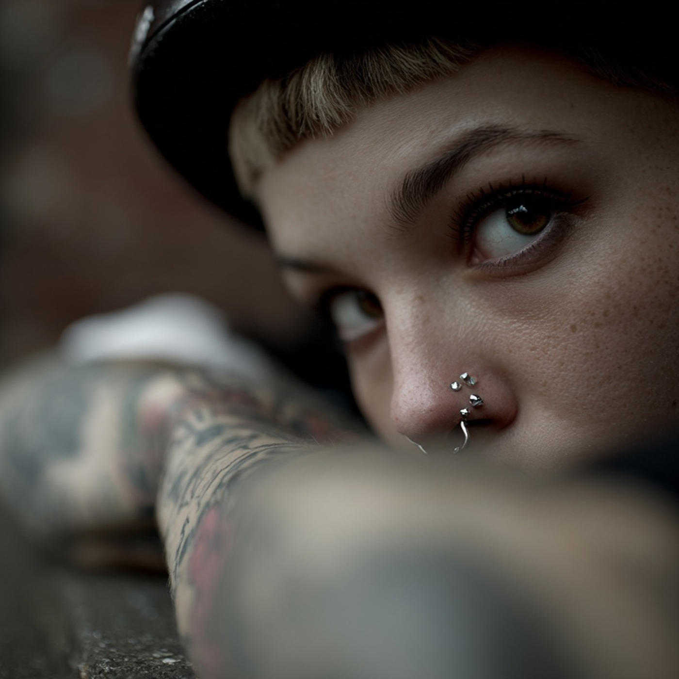 Female skater with piercings and a helmet on looking at the camera