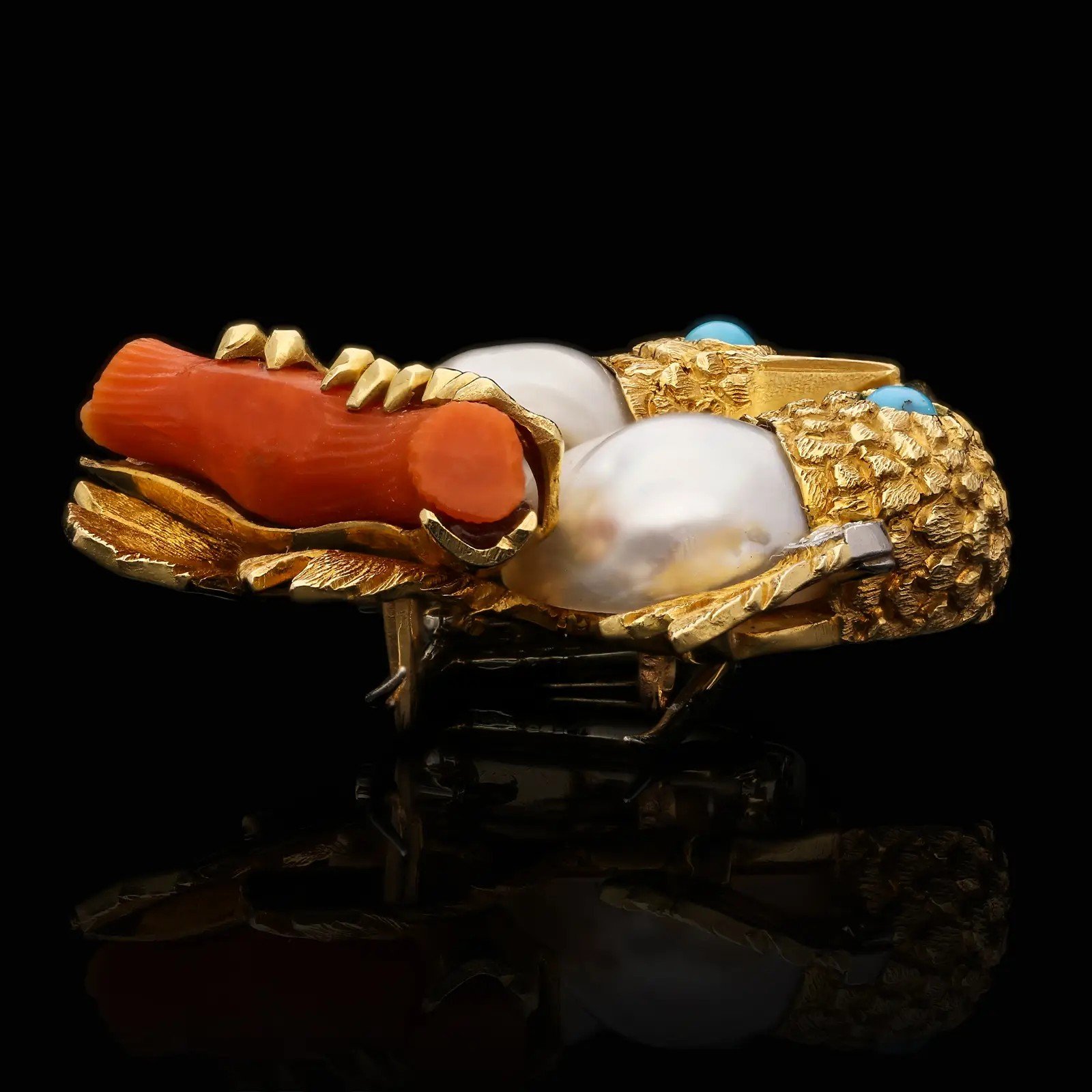 CARTIER Natural Oriental Pearl, Gold, Diamond and Gemset Love Birds Brooch  — GreenerLux