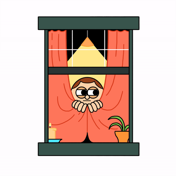 GIF of a man and a cat looking out a window behind curtains - illustration - Elliot Kruszynski - A Human Agency - illustration agency - London