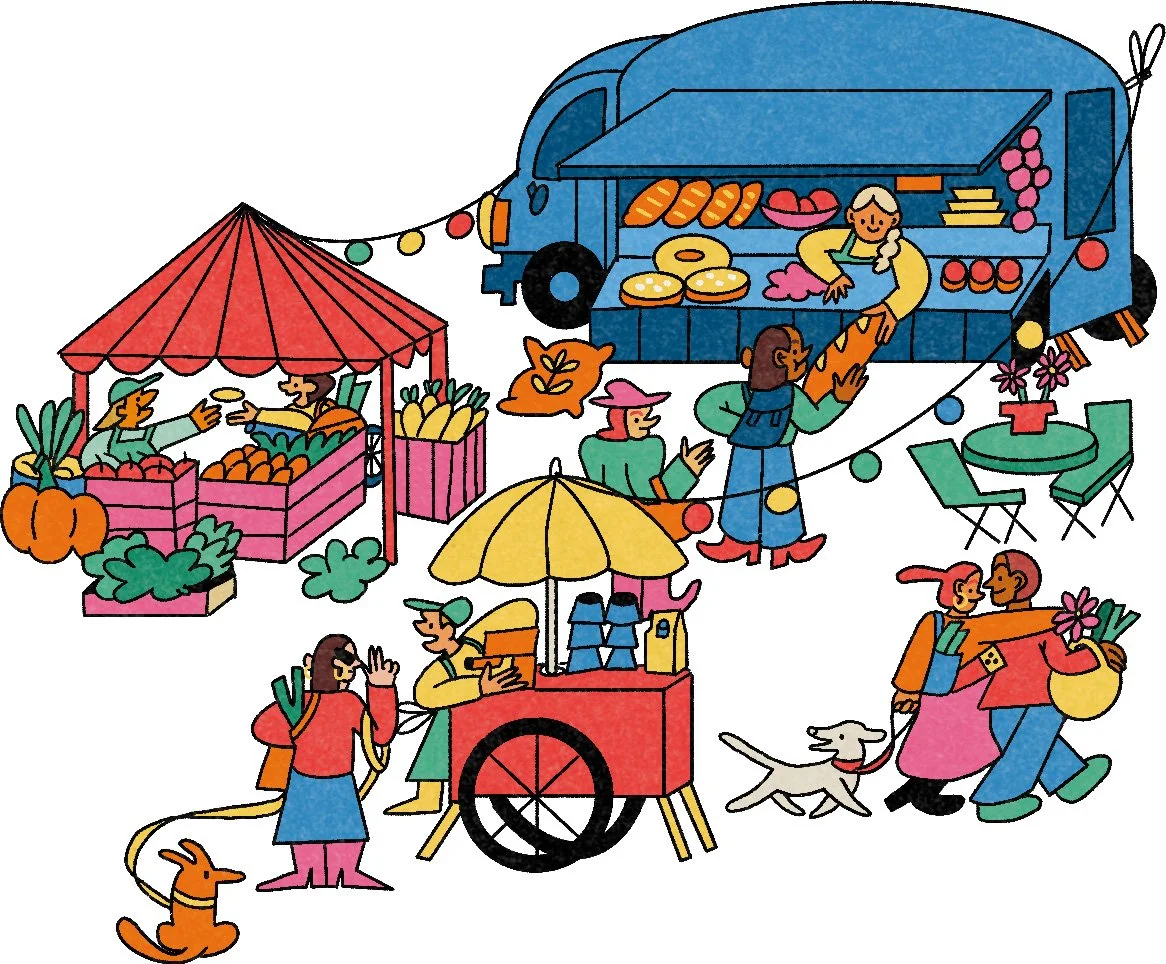 Illustration of food trucks and stalls - illustration - Anne Sophie Engelhardt - A Human Agency - illustration agency - London