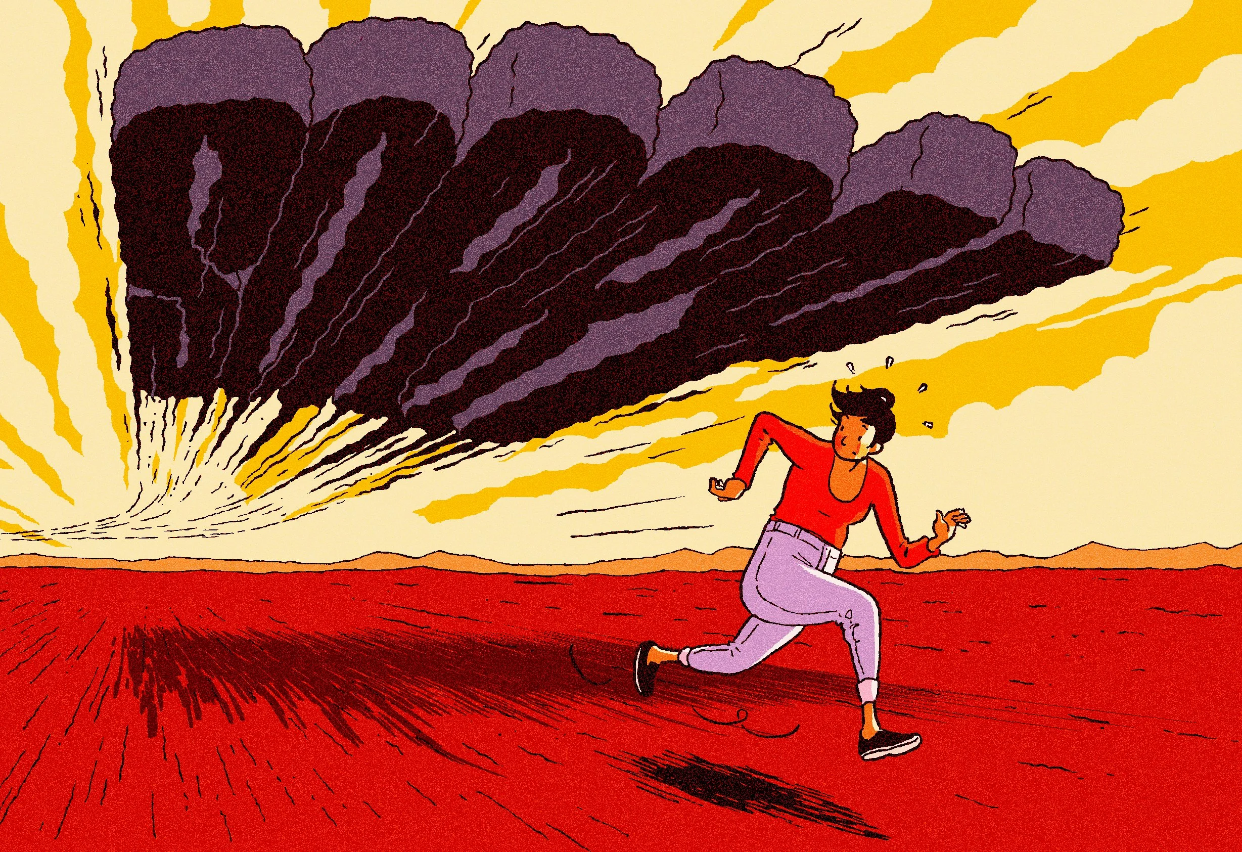 Ligne claire illustration of a woman running under a cloud - illustration - Tintin - R. Fresson - A Human Agency - illustration agency - London