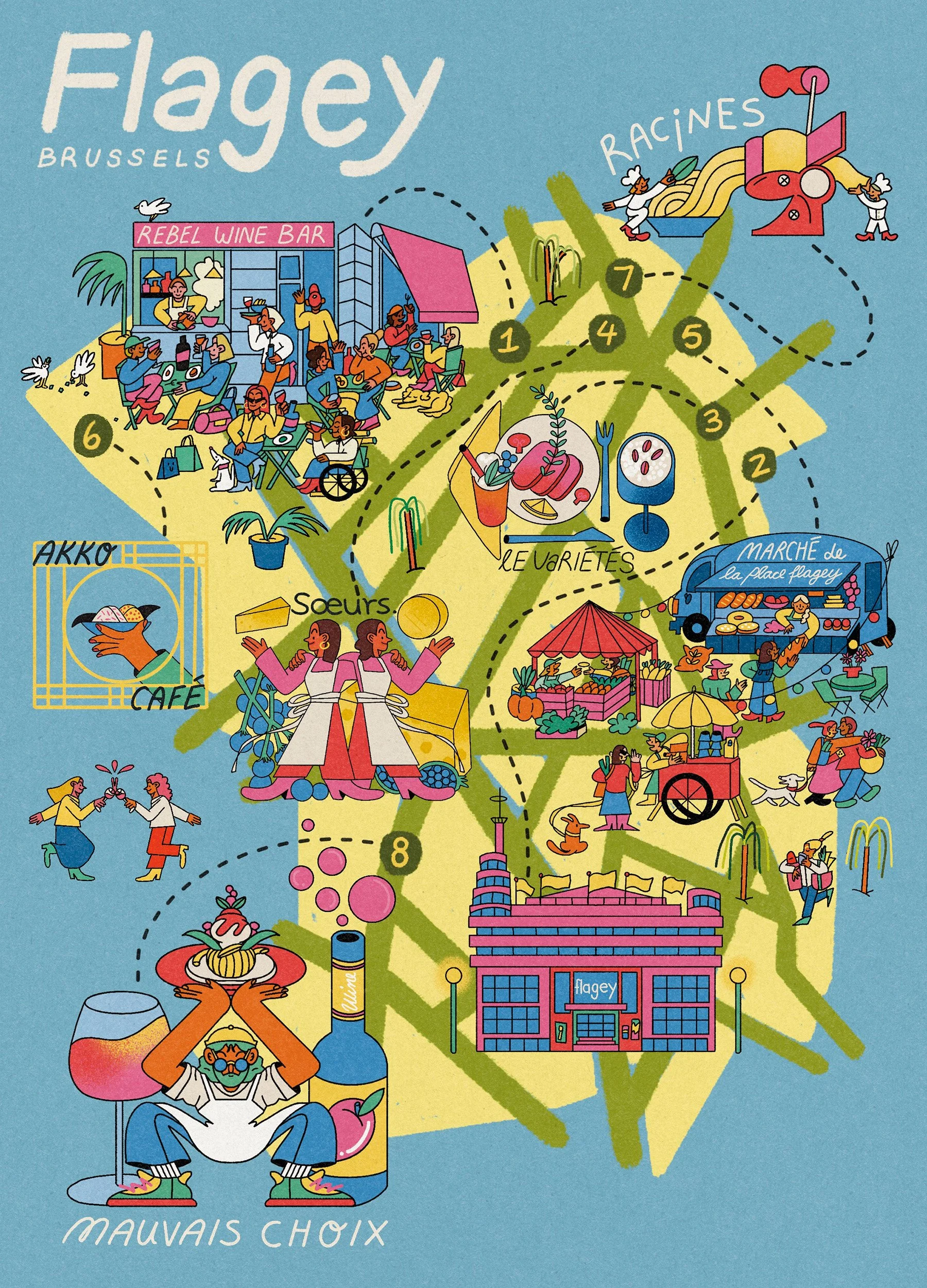 Illustrated map of the Flagey district in Brussels - illustration - Anne Sophie Engelhardt - A Human Agency - illustration agency - London