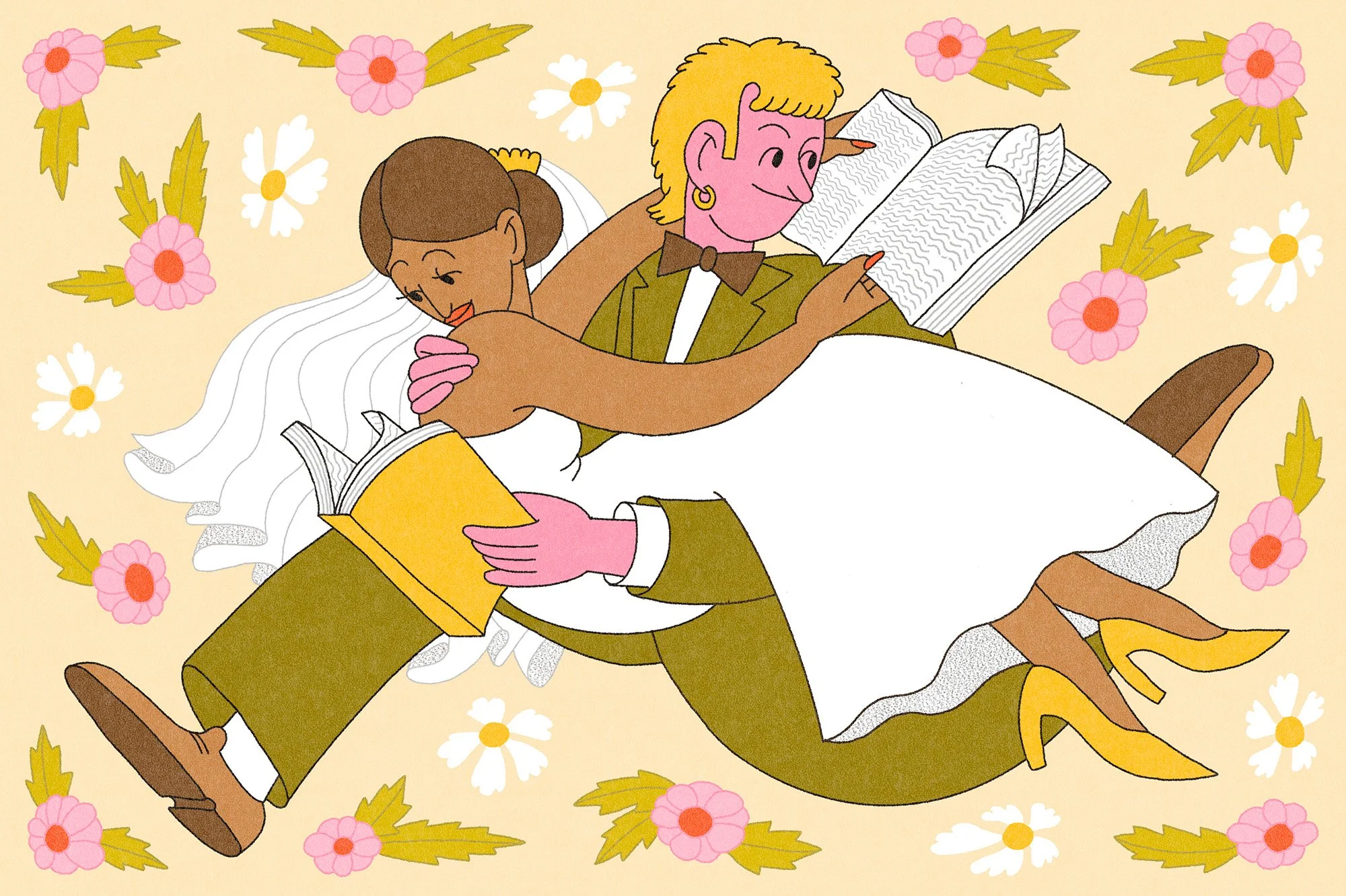 Illustration of a bride and groom reading books - illustration - Maddie Fischer - A Human Agency - illustration agency - London