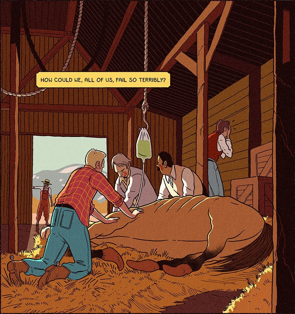 Ligne claire illustration of a horse being put down  - illustration - Tintin - R. Fresson - A Human Agency - illustration agency - London