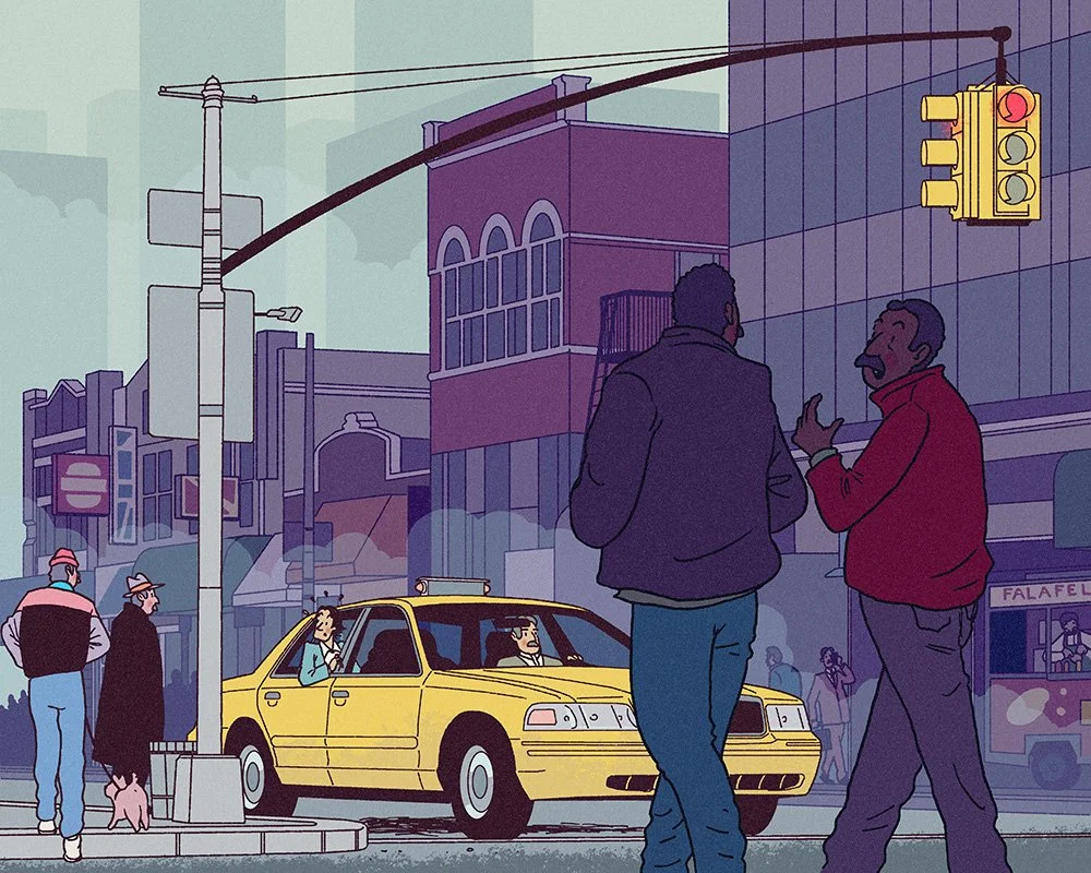Ligne claire illustration of a man in a New York taxi - illustration - Tintin - R. Fresson - A Human Agency - illustration agency - London