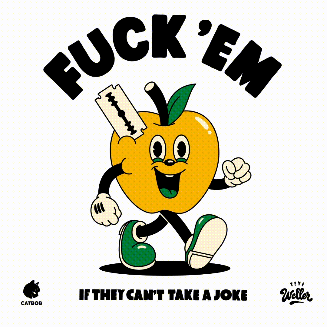Animation of an apple with razor blade - fuck 'em - Cuphead - illustration - Yeye Weller - A Human Agency - illustration agency - London