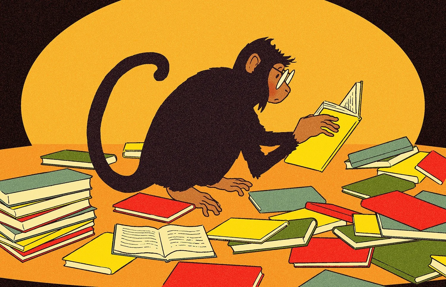Ligne claire illustration of a monkey reading - illustration - Tintin - R. Fresson - A Human Agency - illustration agency - London
