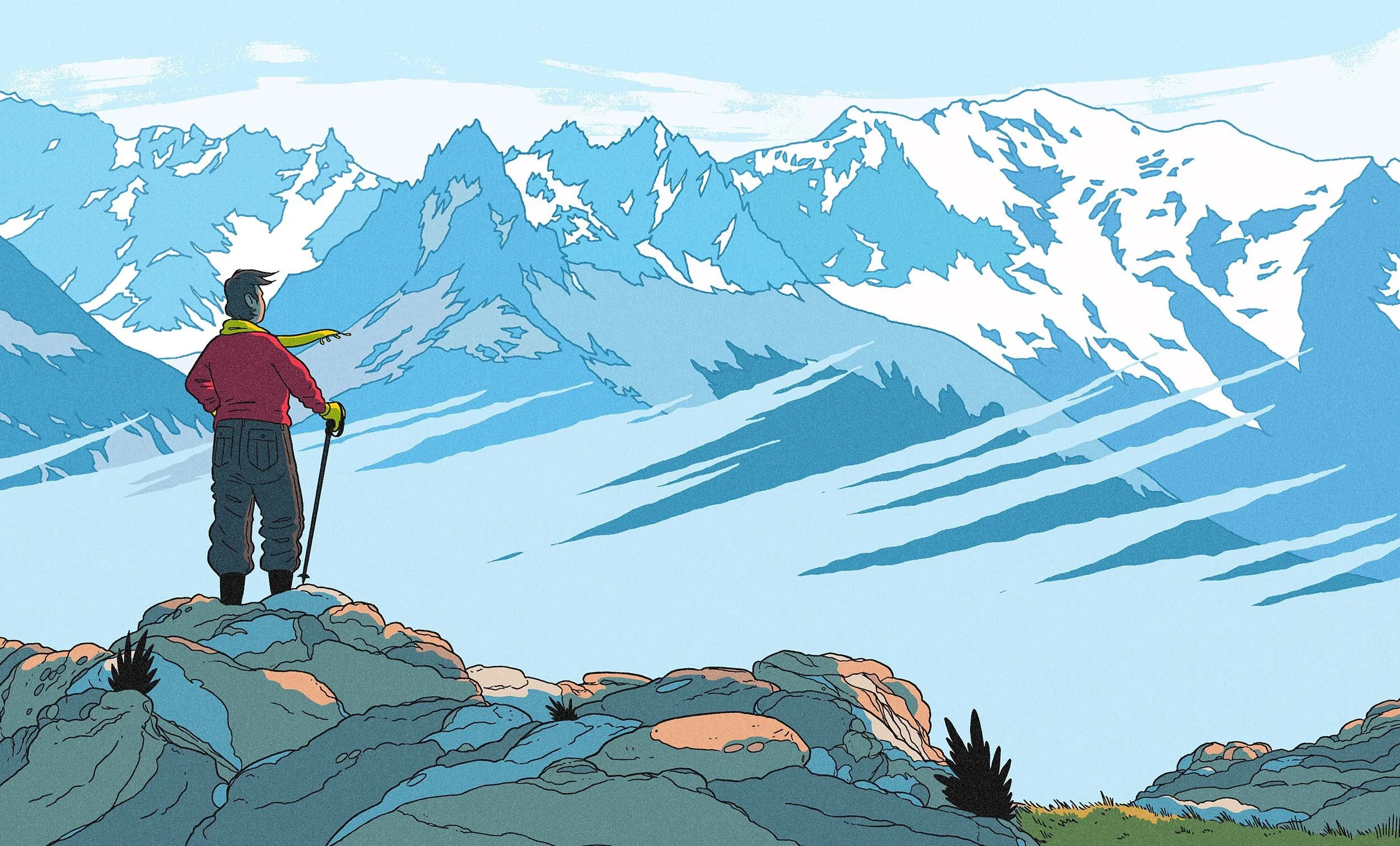 Ligne claire illustration of man looking out across Chamonix mountains - illustration - Tintin - R. Fresson - A Human Agency - illustration agency - London