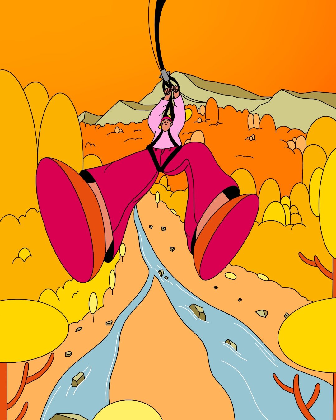 Illustration of woman on a zipline - illustration - Anne Sophie Engelhardt - A Human Agency - illustration agency - London