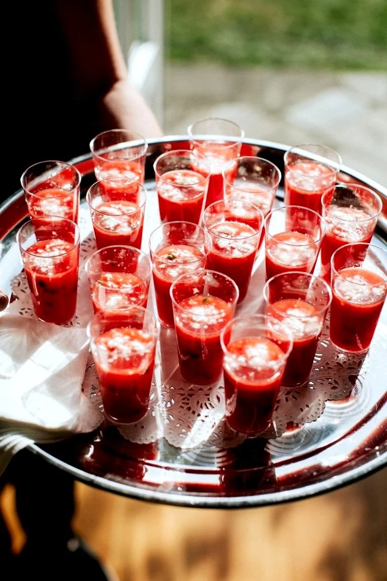 Chilled watermelon gazpacho shooters, summer catering appetizer