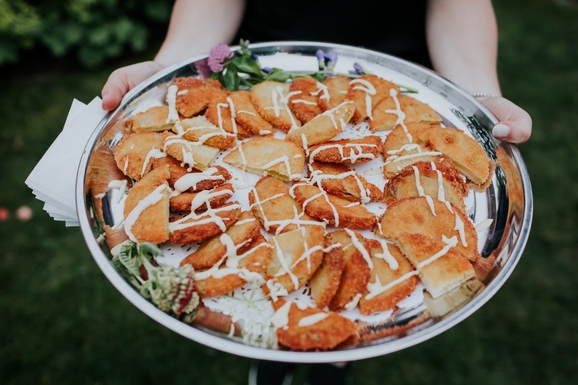 Fried green tomato appetizers with smoked aioli, catering food