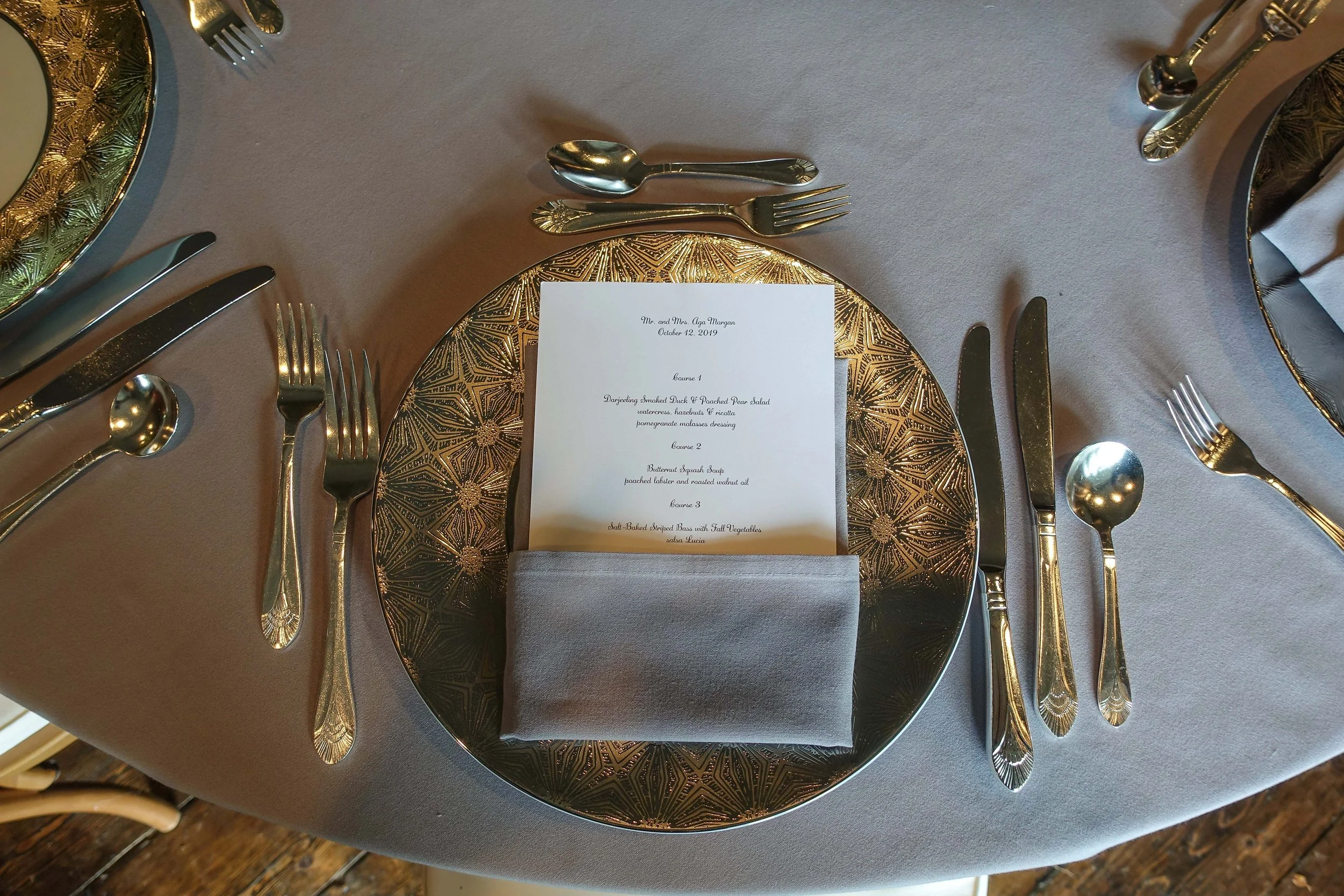 Elegant wedding table place setting with menu card