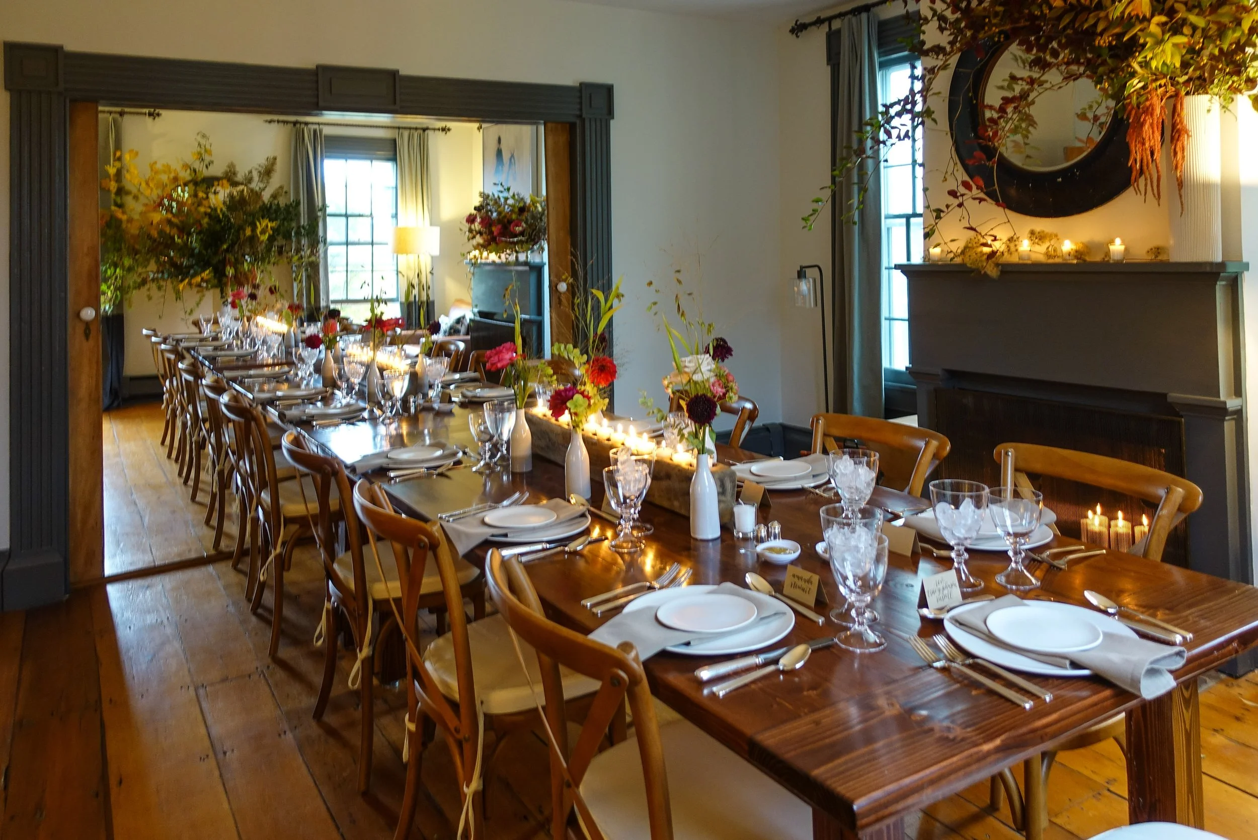 Farm table set for wedding rehearsal dinner