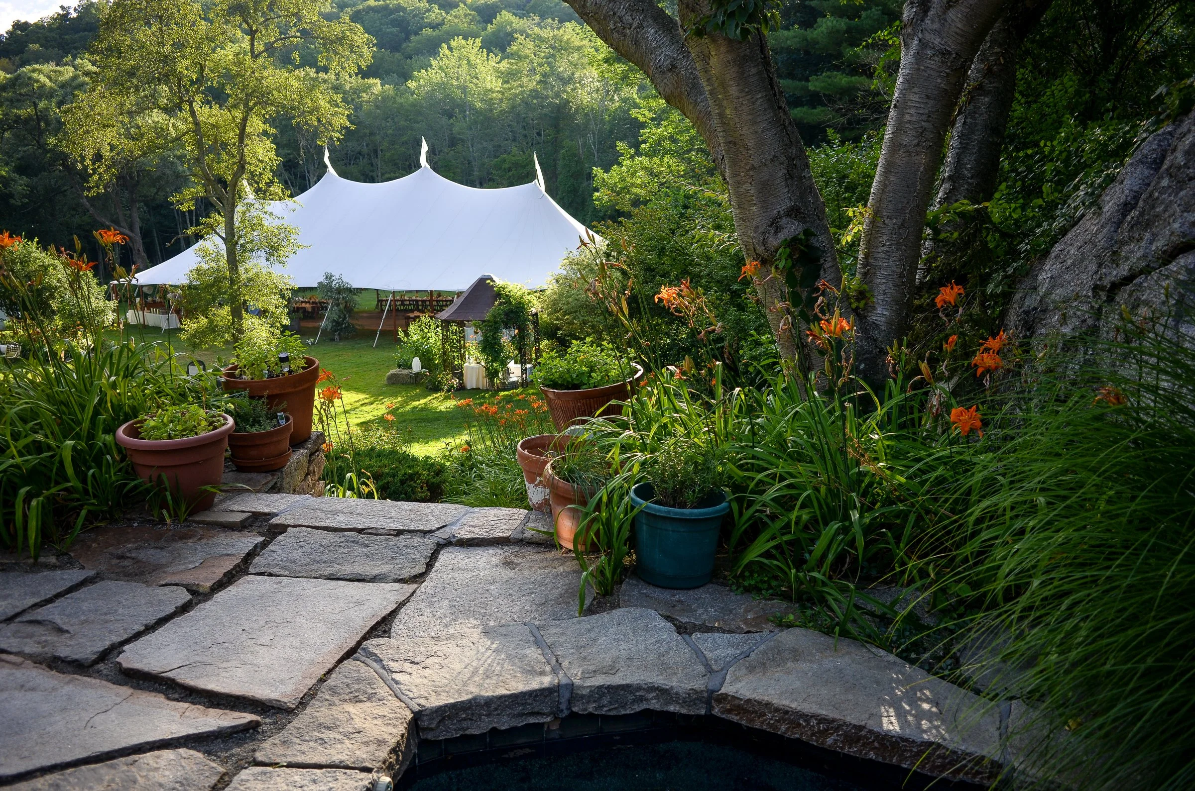Outdoor wedding marquee tent in wooded venue