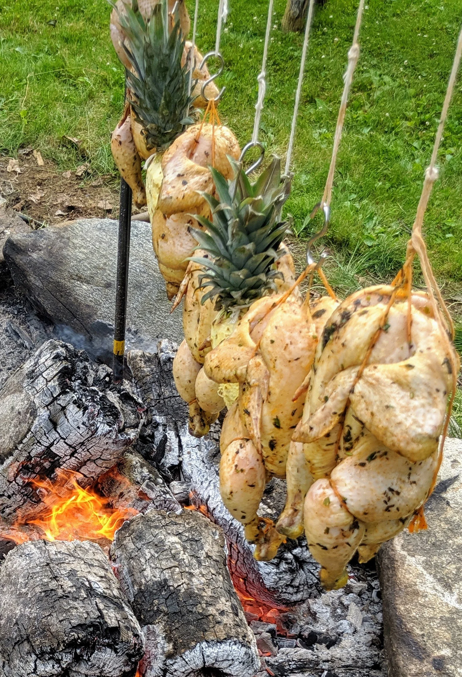 Whole chickens and pineapple roasting over open-fire pit
