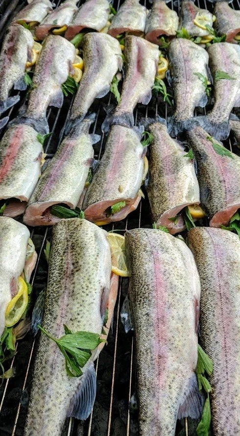 Whole trout stuffed with lovage and lemon, open-fire grilling