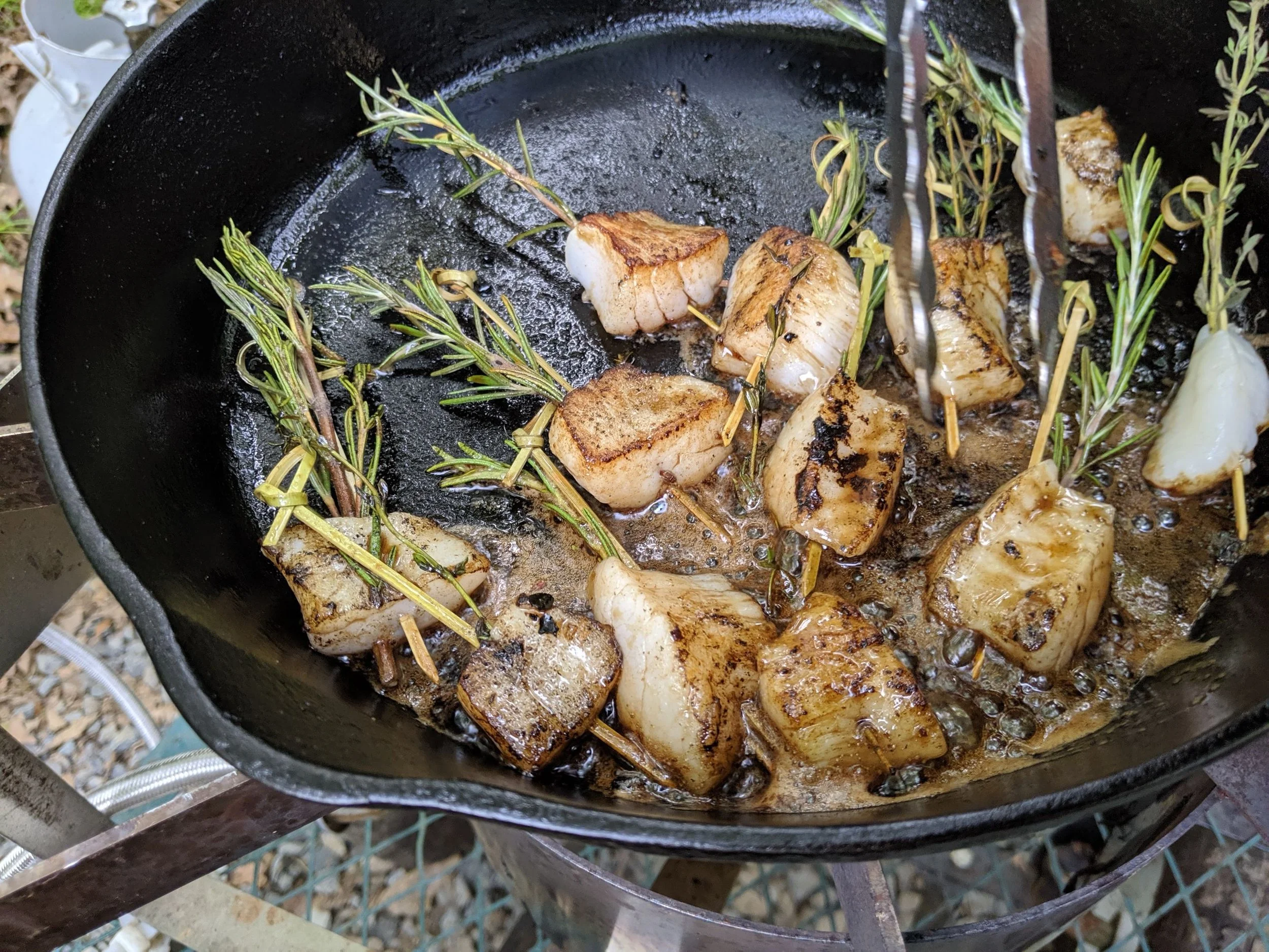 Rosemary-skewered scallops seared on cast iron, open-fire catering