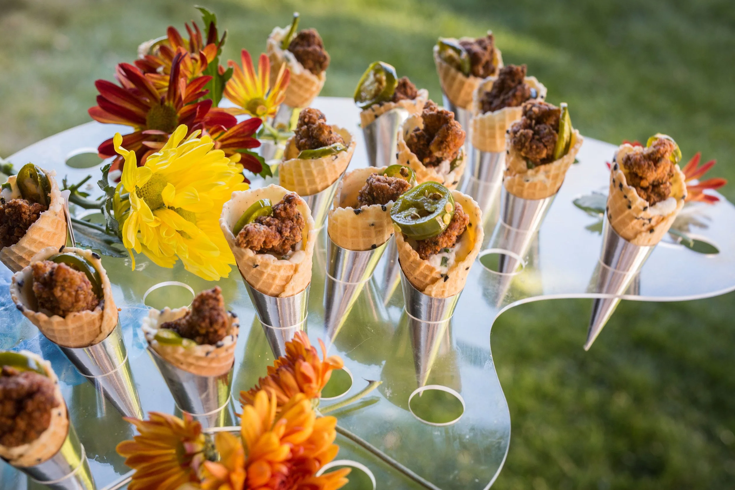 Mini chicken and waffles cone appetizer, creative catering food