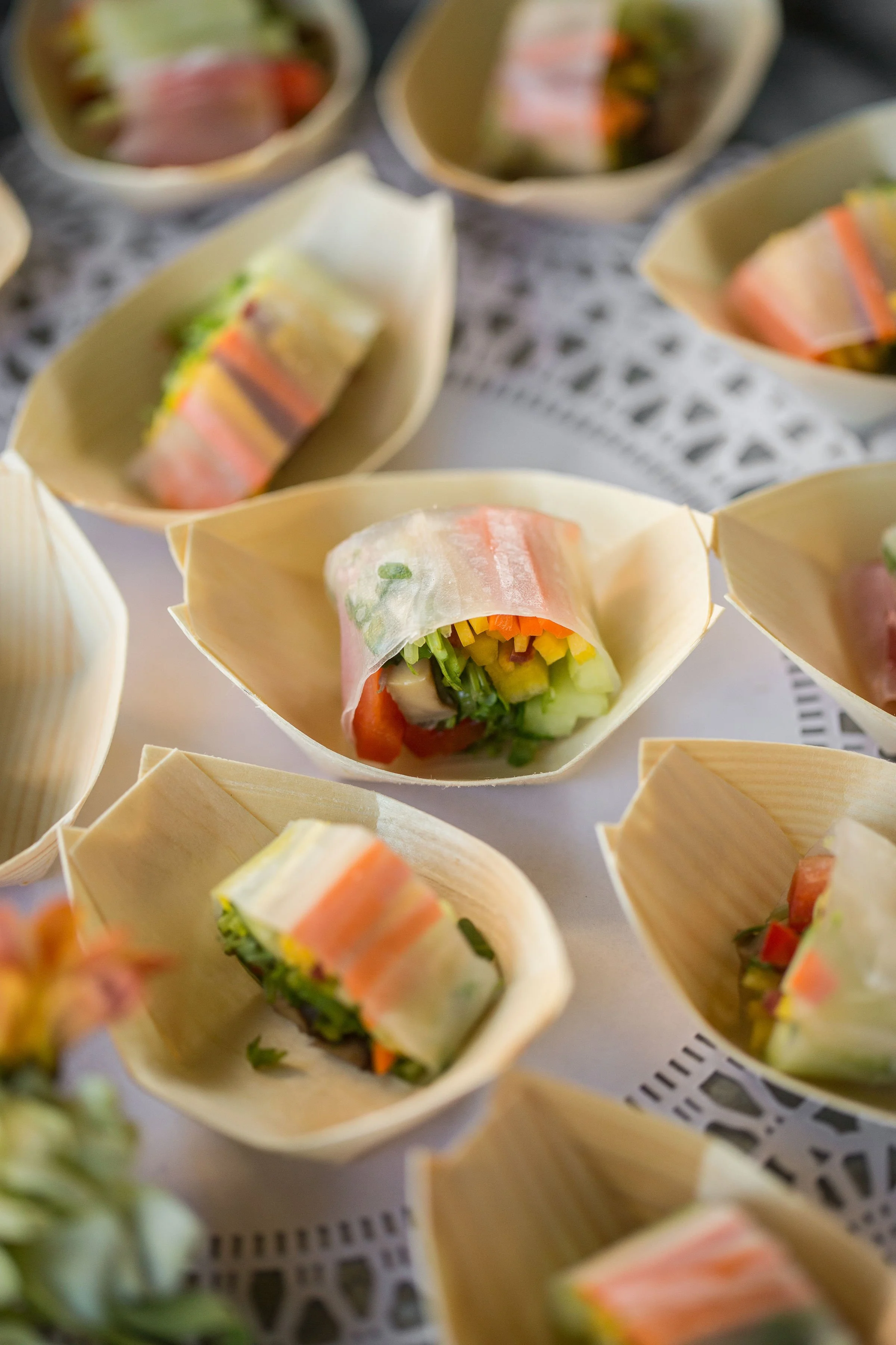 Vegan spring rolls with teriyaki dip, catering appetizer