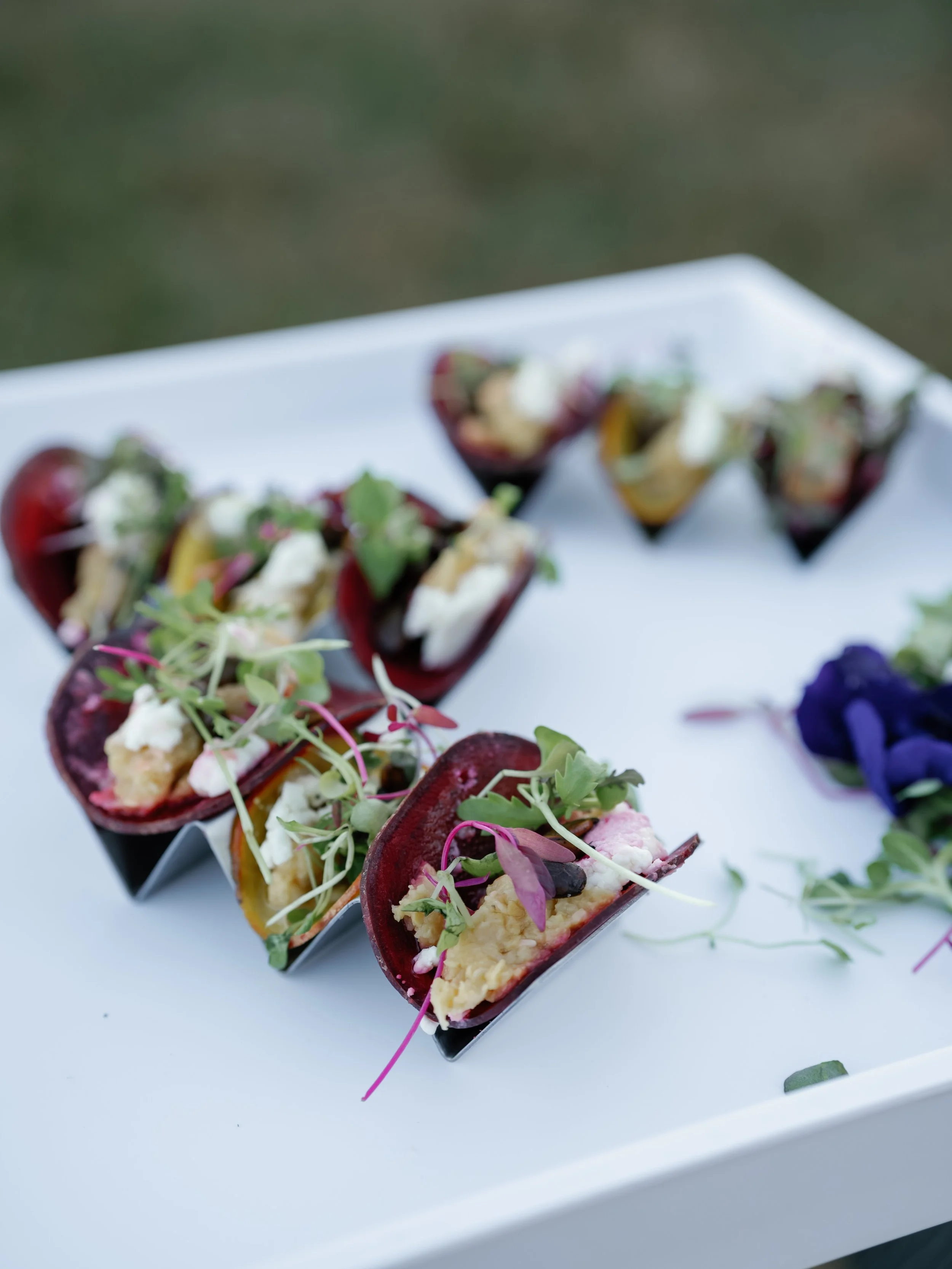 Vegan smoked beetroot tacos, plant-based catering appetizer