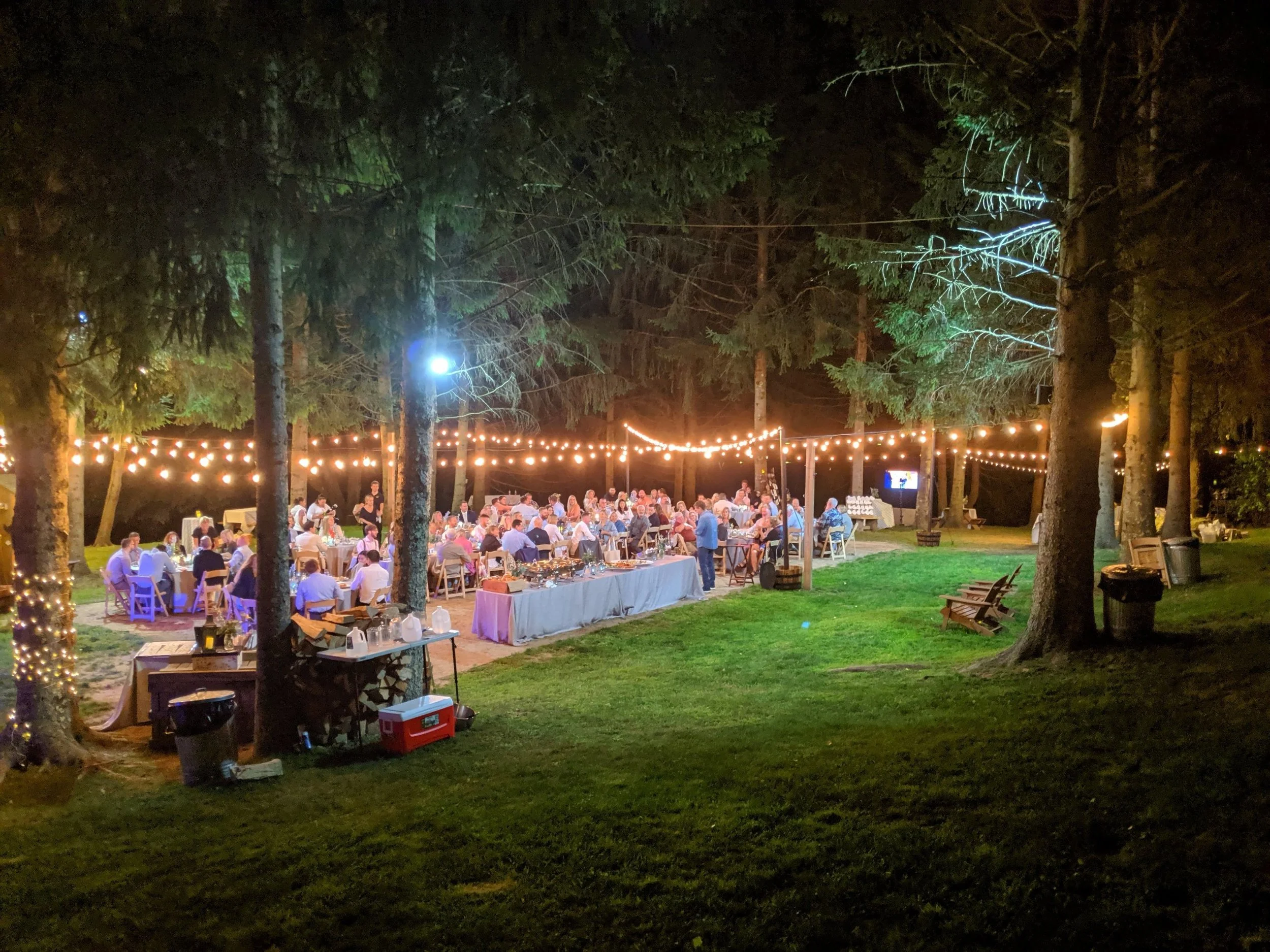 Outdoor nighttime gathering with tables of people under string lights and decorated trees in a forest setting.