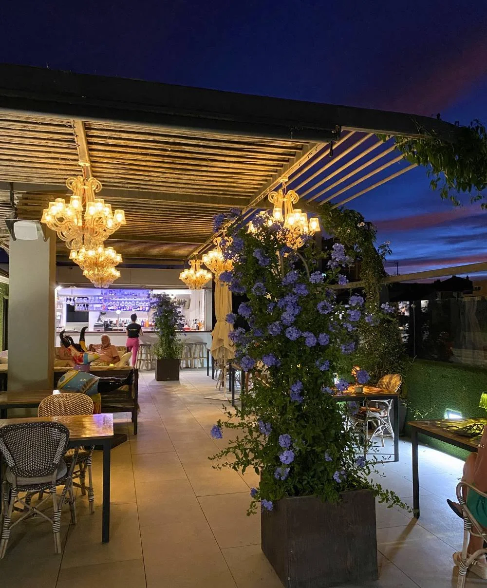 The roof terrace of the Hotel Mariposa at dusk