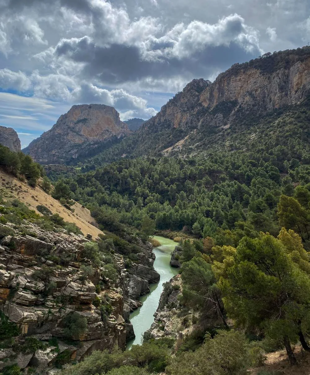 View over the Guadalhorce River winding through the forested valley below Caminito del Rey, surrounded by rugged limestone cliffs and pine-covered hills beneath dramatic, cloud-filled skies.