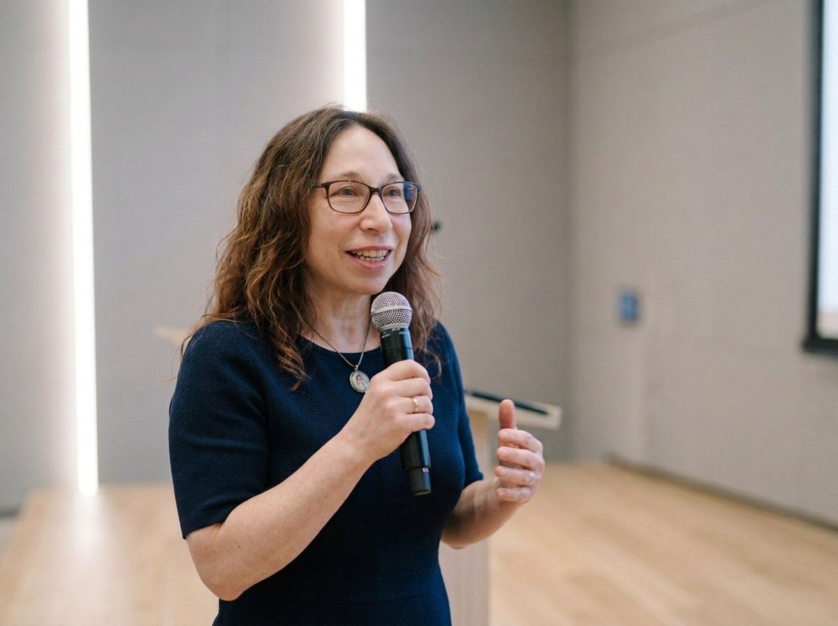 A woman with glasses speaking into a microphone at an indoor event.