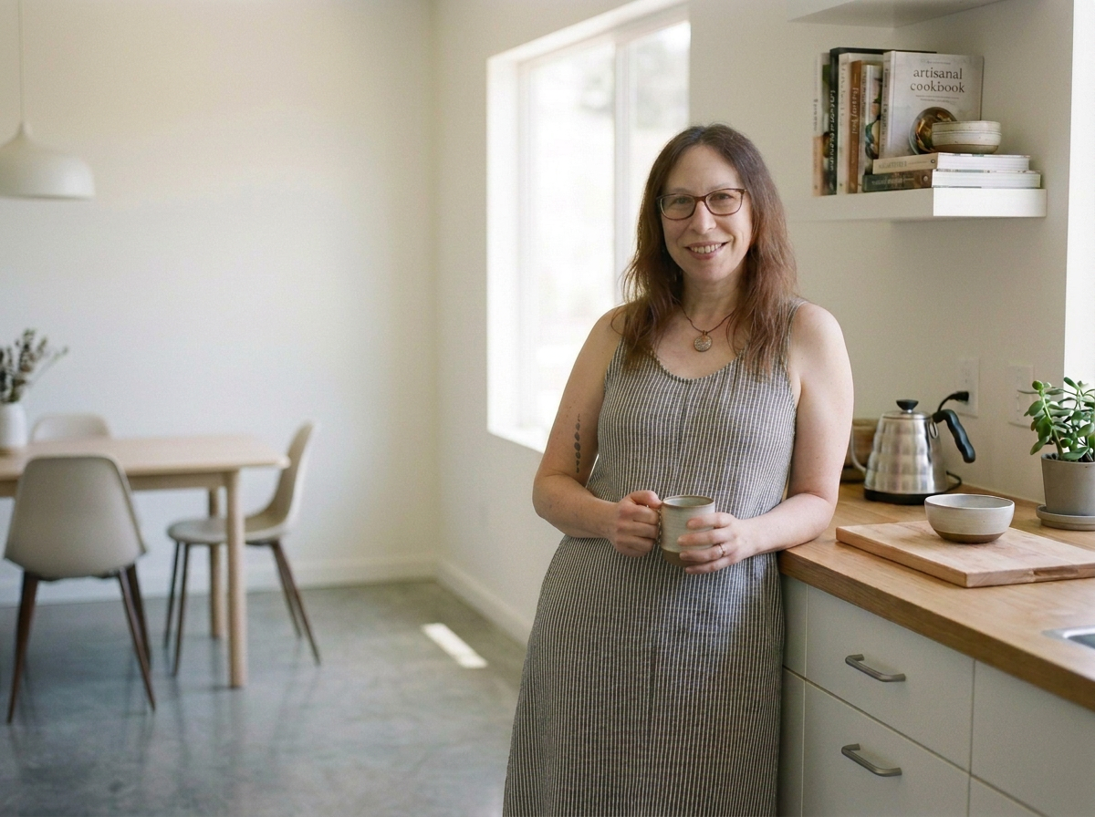 A woman with glasses and long brown hair, wearing a striped sleeveless dress, standing in a bright kitchen, holding a mug, with a shelf of cookbooks and plants in the background.