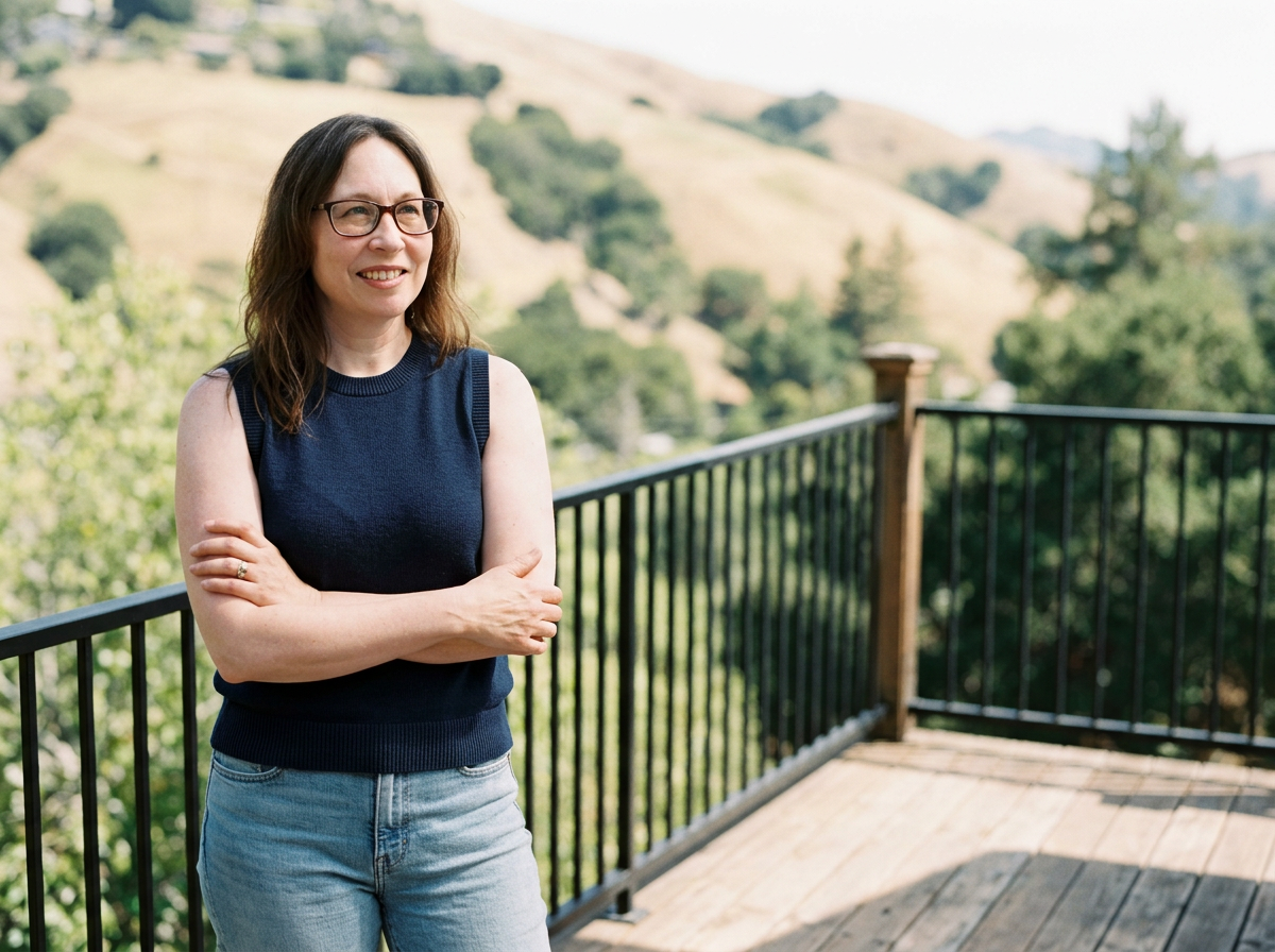 A woman standing on a wooden balcony with a rural landscape of hills and trees in the background, wearing glasses, a sleeveless navy blue top, and light blue jeans, smiling and looking off into the distance.