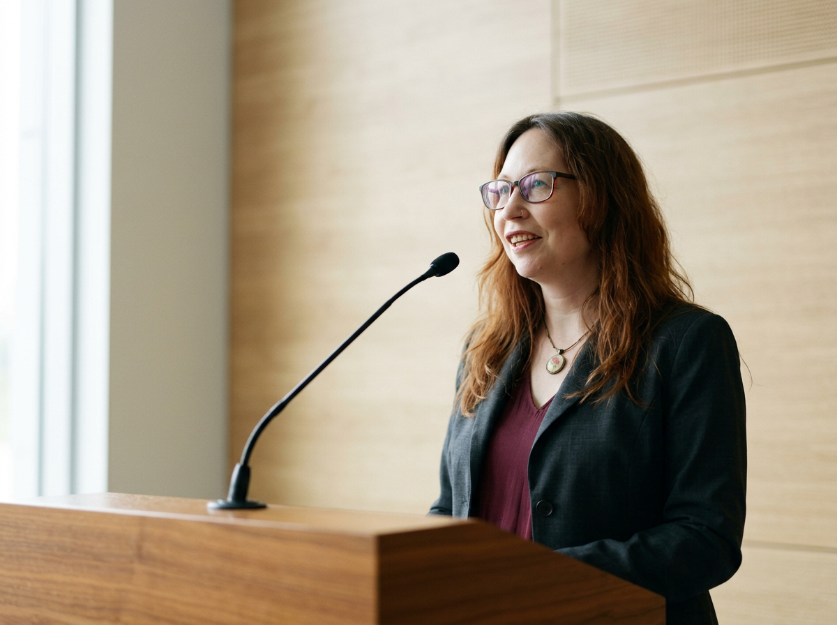 Woman with glasses standing at a podium, speaking into a microphone in a room with wooden wall panels.