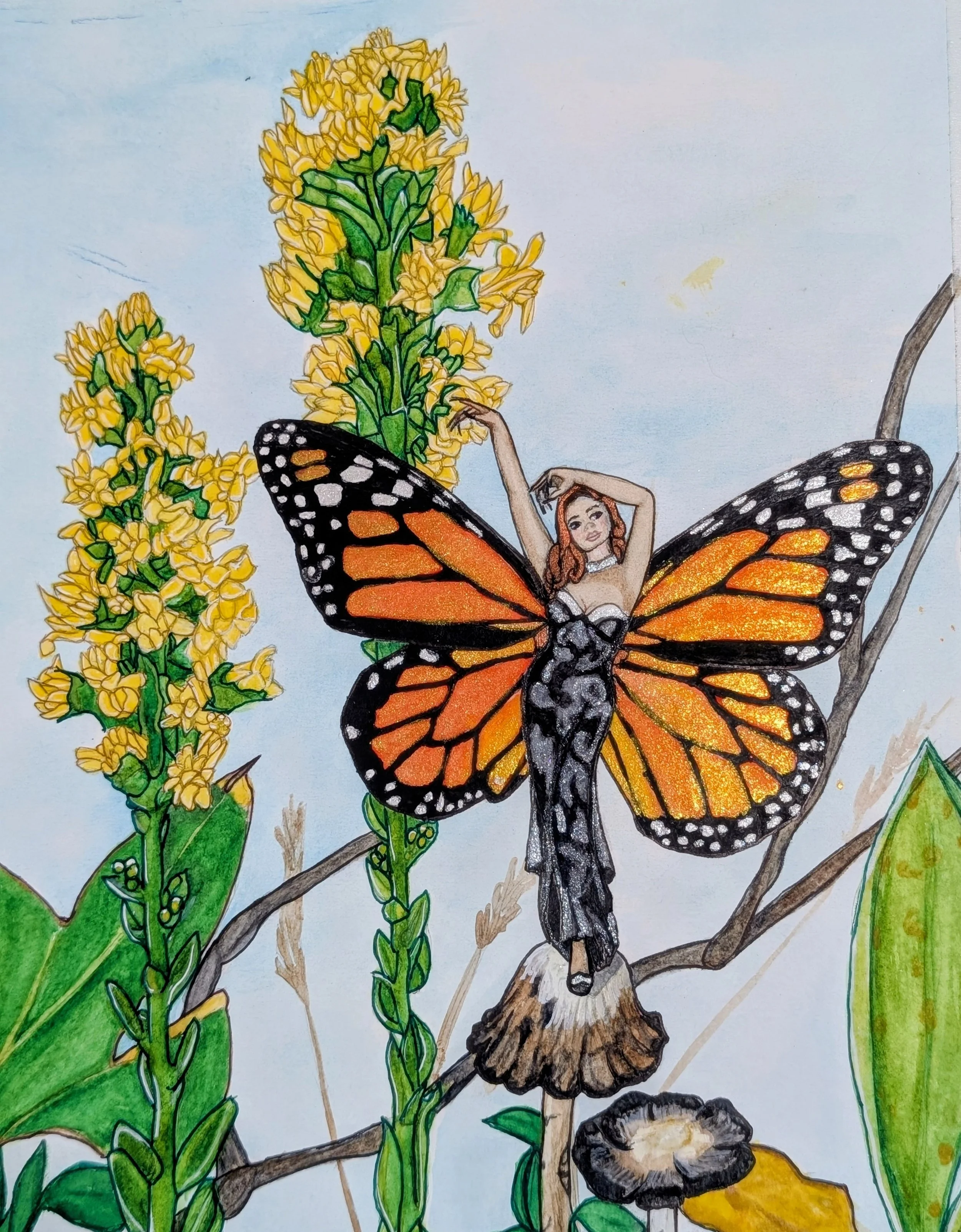 Red LIst Date: 2023 US/Mexican Border
Gynandromorph Monarch(Danaus plexippus)
Food Plant: Goldenrod (Solidago californica)
Inspired by: Valentina

