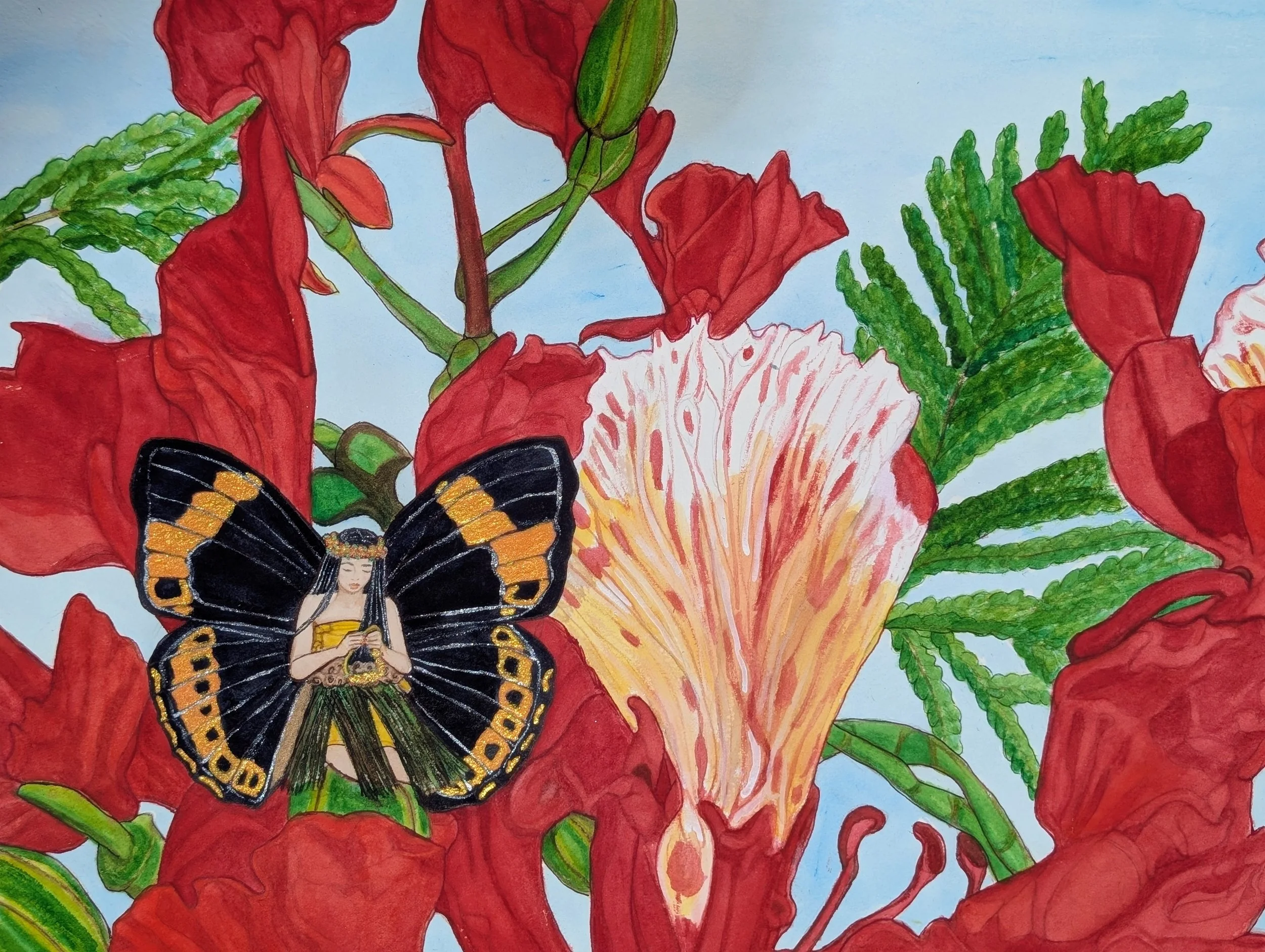 Extinction Date: 2015 Saipan 
Mariana eight-spot butterfly (Hypolimnas octocula marianensis)
Food Plant: Flame Tree/Tronkun At'but (Delonix regia)
Inspired by: Chamorro Dancers