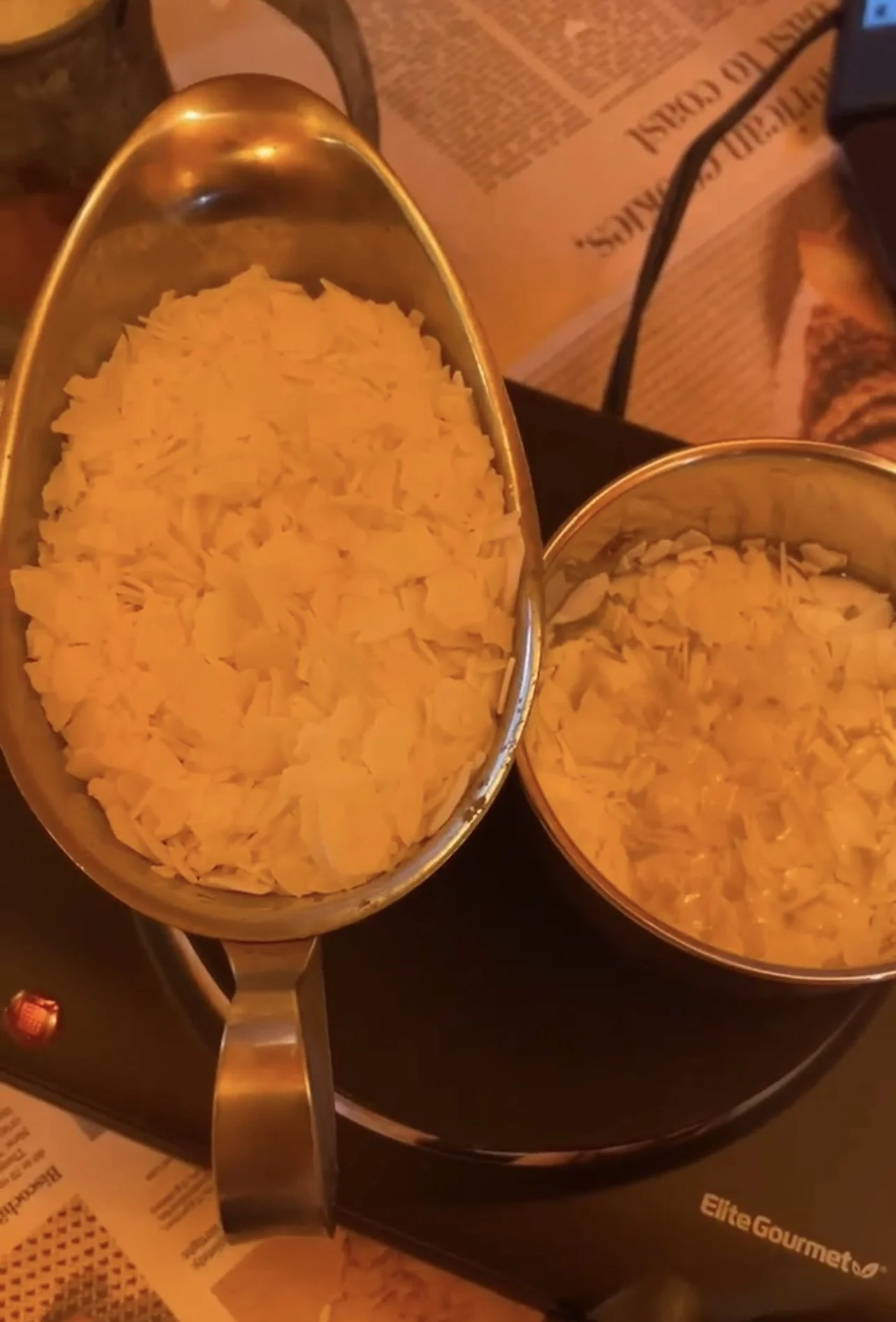 Testing out our hot plate for melting wax in our funky metal containers from Value Village! (We had one melt!!! You live and you learn - no one was hurt:)