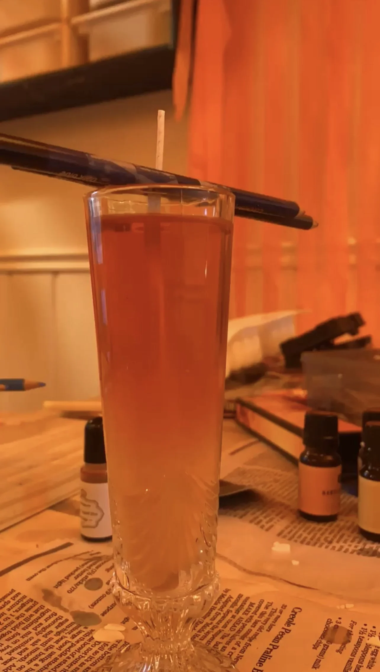Testing out pouring wax into a container candle - halfway dried!