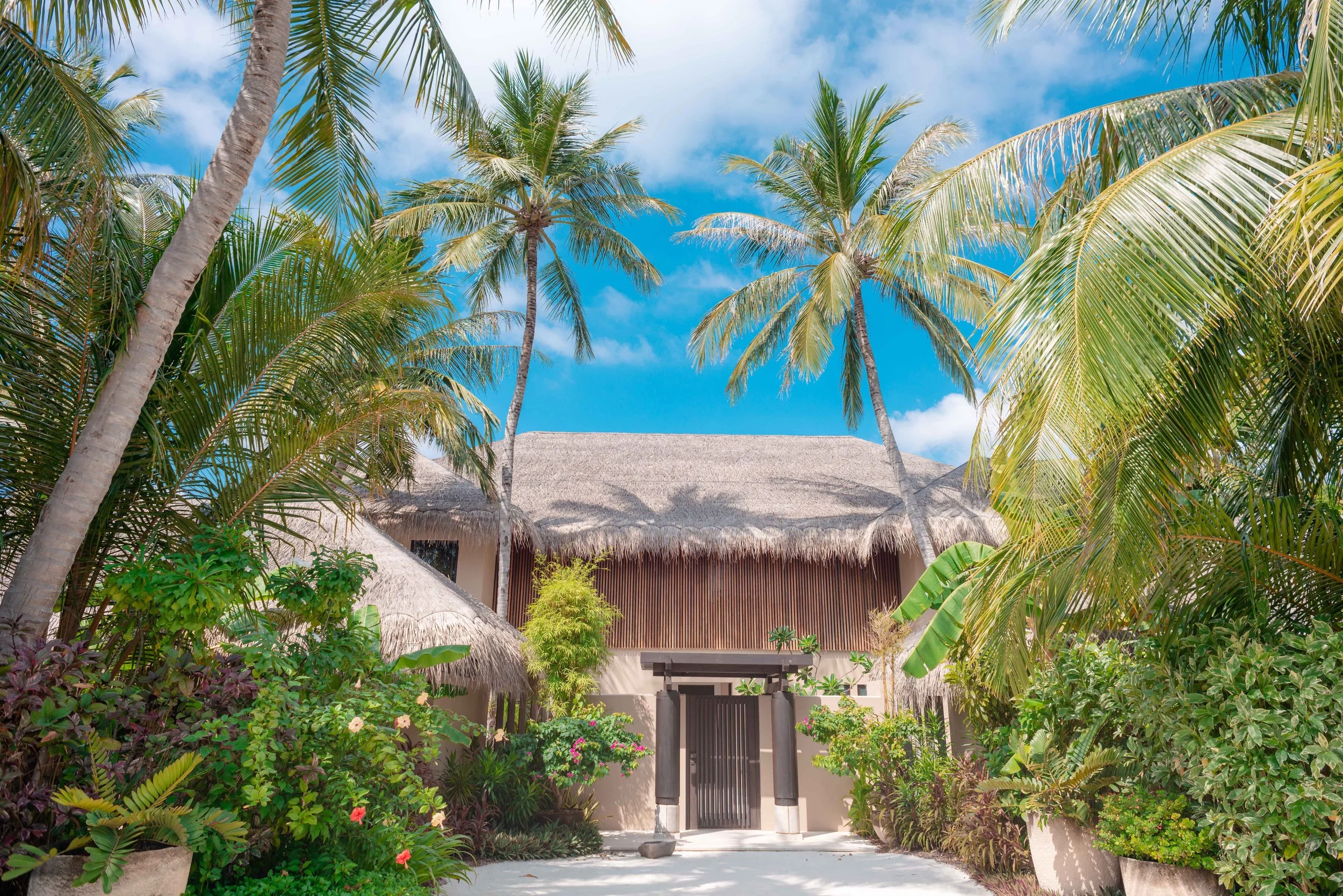 Private tropical resort villa surrounded by palms and lush island vegetation.