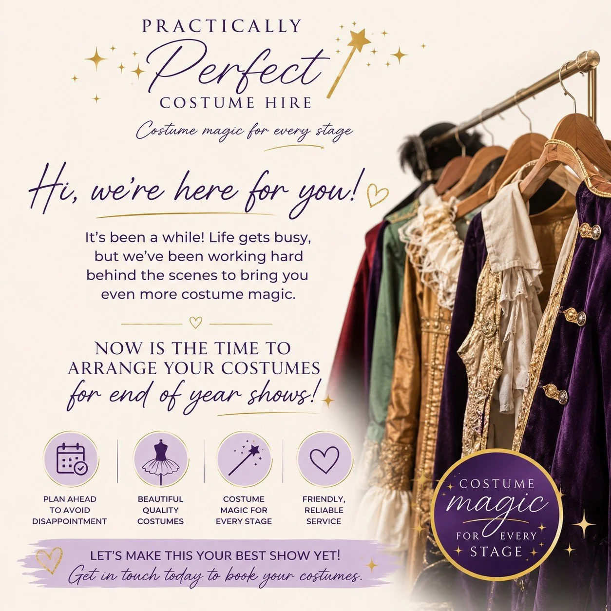 ✨ Hello again from Practically Perfect Costume Hire ✨

It&rsquo;s been a little quiet around here&hellip; but behind the scenes we&rsquo;ve been busy, and we&rsquo;re so excited to be back! 💜

Over the past year we&rsquo;ve refreshed our brand, grow