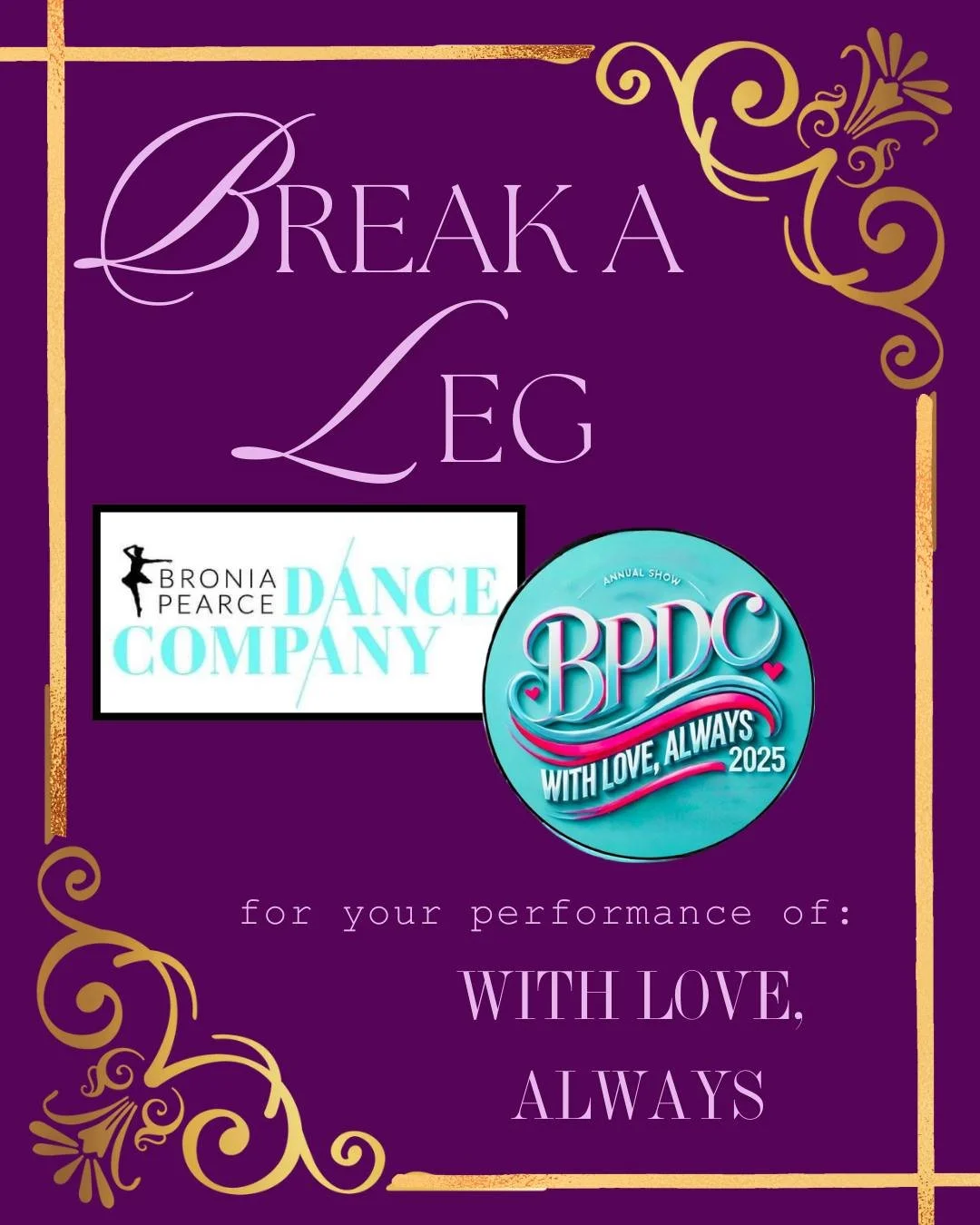 ✨💃 Break a leg, Bronia Pearce Dance Company! 💃✨
Wishing all the dancers a fantastic show day as they take to the stage for With Love, Always 💜

We&rsquo;re so excited to see the magic you&rsquo;ve created &mdash; have the best time out there! 🌟

