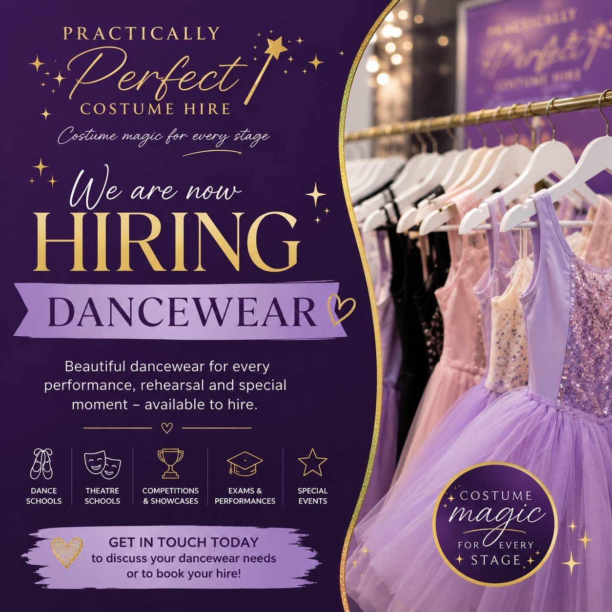 ✨ Exciting News from Practically Perfect Costume Hire ✨

We&rsquo;re thrilled to announce that we are now hiring dancewear! 🩰💜

From rehearsals to performances, competitions to showcases &mdash; we now offer a beautiful range of dancewear available