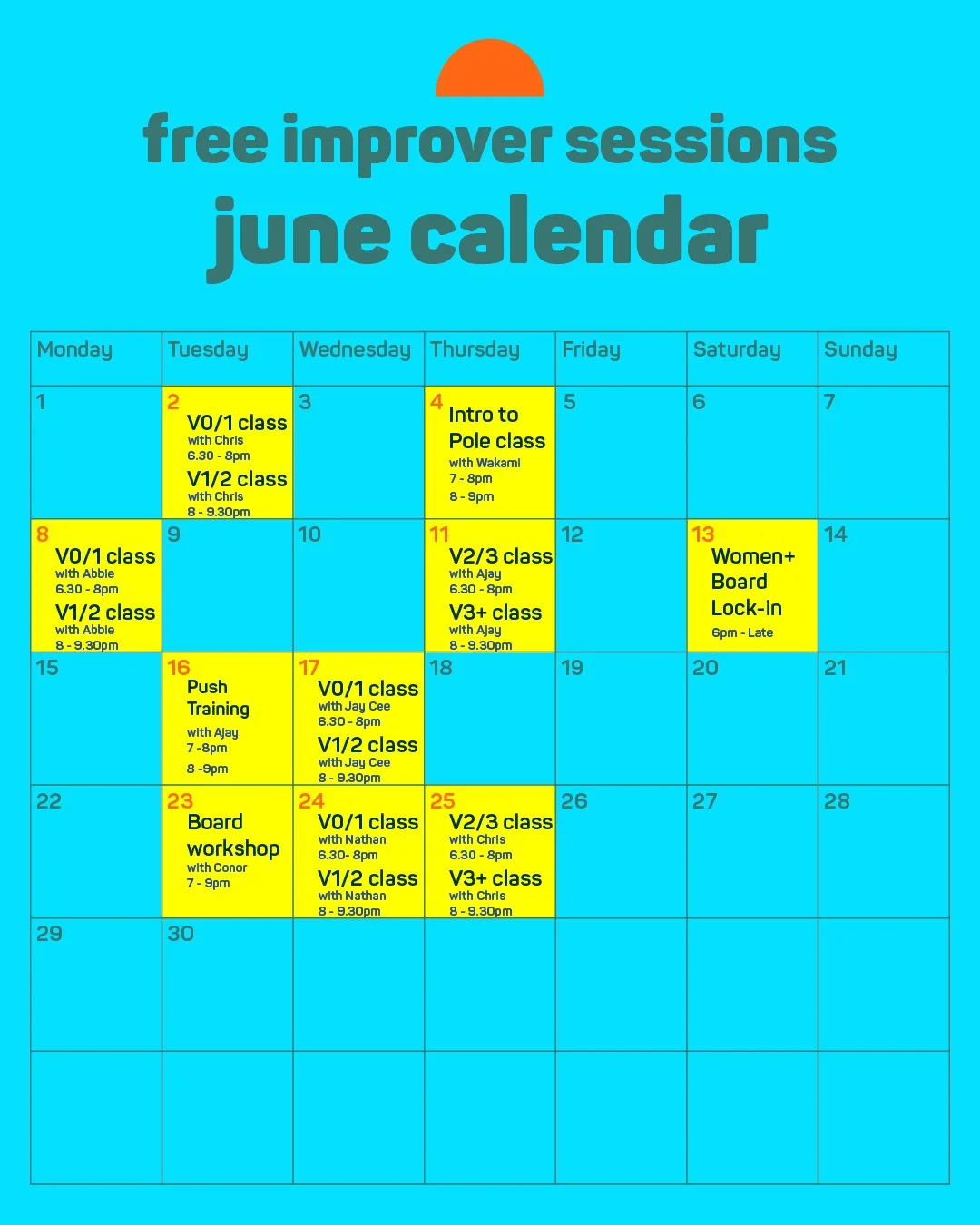A June calendar with free improv classes and events. The calendar shows dates with scheduled classes, including V0/1 classes, V1/2 classes, Intro to Pole classes, and other workshops, marked in yellow on various days.