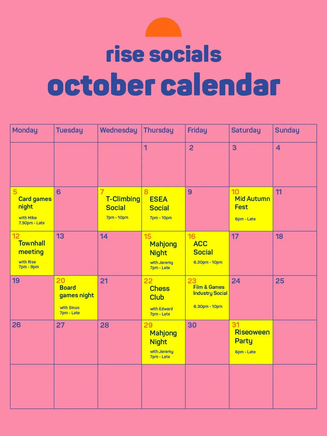 Pink calendar page for October with highlighted yellow events including card games, T-climbing social, ESEA social, mid-autumn fest, townhall meeting, Mahjong night, chess club, film and industry social, board games night, and riseoween party.